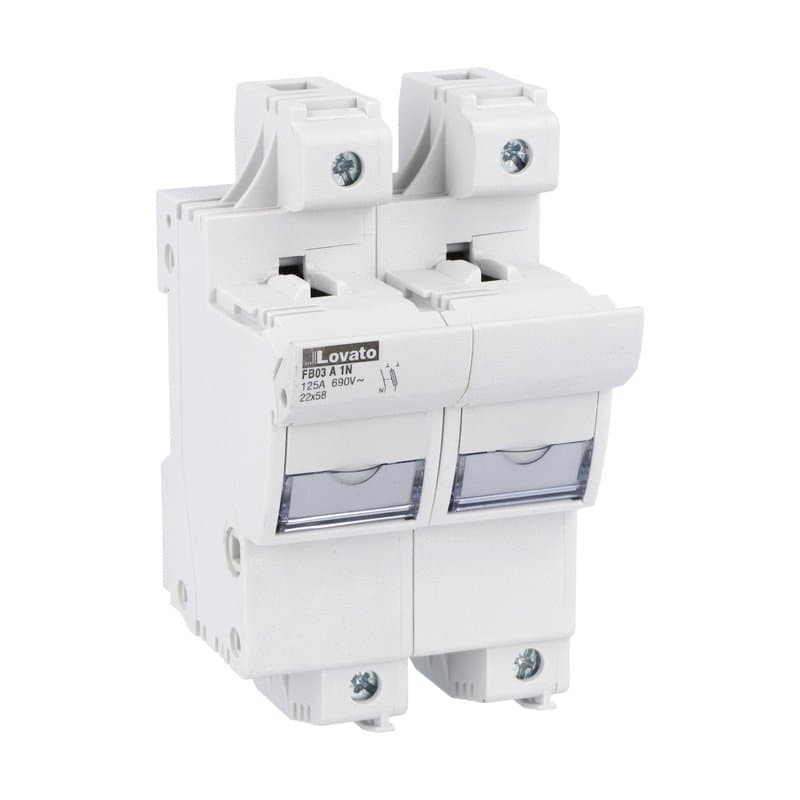 Lovato Electric FB03A1N FB03A1N Lovato - Fuse holder UL recognized and CSA certified, for 22X58mm fuses. 100A/125A rated current at 690VAC, 1P+N. Without status indicator. 2 modules Lovato Electric FB03A1N FB03A1N Lovato - Fuse holder UL recognized and CSA certified, for 22X58mm fuses. 100A/125A rated current at 690VAC, 1P+N. Without status indicator. 2 modules