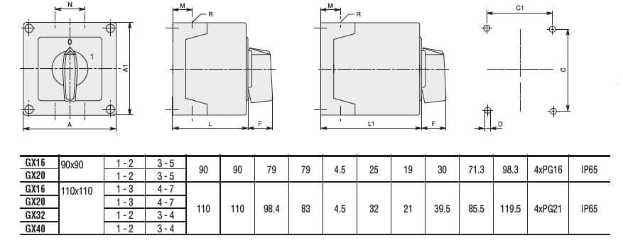 Lovato Electric GX32107P GX32107P Lovato - Enclosed rotary cam switch GX series, multi-step 0-1-2, 1 pole 32A in plastic enclosure 110X110mm with black handle Lovato Electric GX32107P GX32107P Lovato - Enclosed rotary cam switch GX series, multi-step 0-1-2, 1 pole 32A in plastic enclosure 110X110mm with black handle