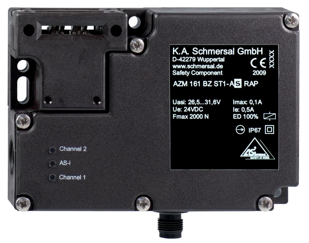 Schmersal AZM 161 B ST1-AS RP AS interface safety at work; Safety switchgear; Solenoid supply 24 VDC (Aux); Actuator monitored; Manual release; Solenoid interlock; Thermoplastic enclosure; High holding force 2000; 130 mm x 90 mm x 30 mm; Interlock with protection against incorrect loc Schmersal AZM 161 B ST1-AS RP AS interface safety at work; Safety switchgear; Solenoid supply 24 VDC (Aux); Actuator monitored; Manual release; Solenoid interlock; Thermoplastic enclosure; High holding force 2000; 130 mm x 90 mm x 30 mm; Interlock with protection against incorrect loc