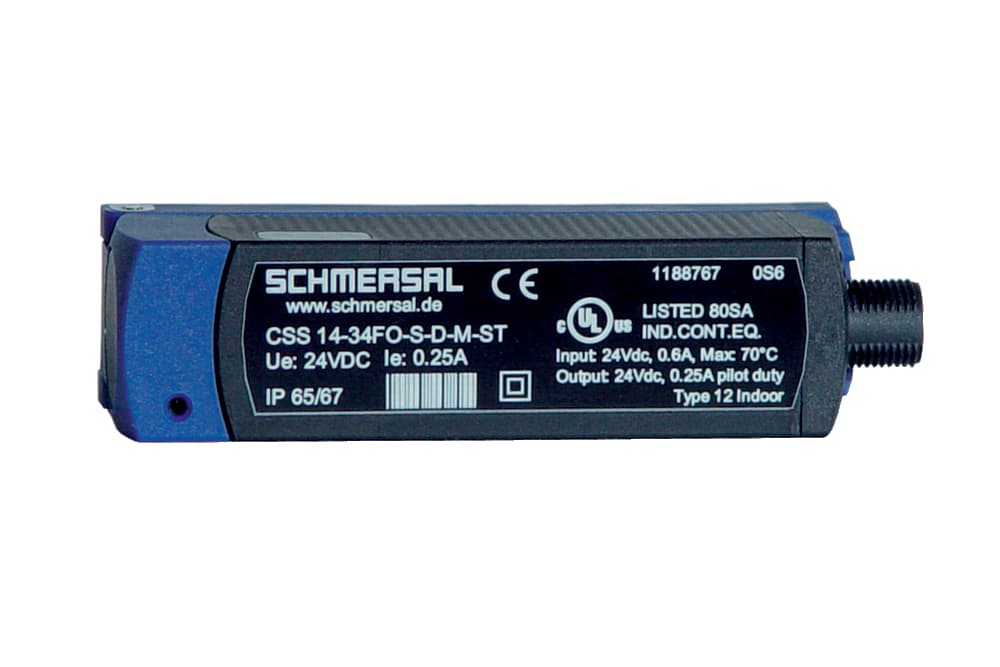 Schmersal CSS12-34F1-V-D-M-ST Safety sensors; Electronic safety sensors; 1 x connector plug M12, 8-pole; Actuation from top; with edge monitoring of the reset pushbutton; To control positive-guided relay without downstream safety monitoring module; Suitable as individual or terminal d Schmersal CSS12-34F1-V-D-M-ST Safety sensors; Electronic safety sensors; 1 x connector plug M12, 8-pole; Actuation from top; with edge monitoring of the reset pushbutton; To control positive-guided relay without downstream safety monitoring module; Suitable as individual or terminal d