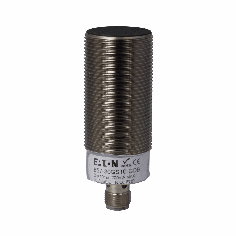 Eaton E57-30GS10-GDB E57-30GS10-GDB Eaton - Inductive Global Proximity Sensor, E57, 10 mm range, Straight, 30 mm, Shielded, Output ON, M12, 100 mA at 10-30 Vdc, 4 pin, <1.0% sensing range, PNP open collector, NO, 10-30 Vdc Eaton E57-30GS10-GDB E57-30GS10-GDB Eaton - Inductive Global Proximity Sensor, E57, 10 mm range, Straight, 30 mm, Shielded, Output ON, M12, 100 mA at 10-30 Vdc, 4 pin, <1.0% sensing range, PNP open collector, NO, 10-30 Vdc