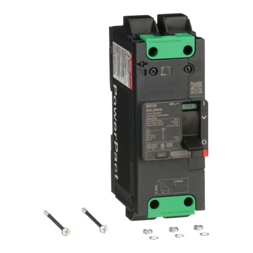 Schneider Electric BDL26030 Square D by Schneider Electric BDL26030 is a Moulded Case Circuit Breaker (MCCB) within the PowerPacT BDL sub-range, featuring a PowerPact B-Frame 100 TMD 2P 30A 600Y/347Vac 14kA design. It has a rated impulse voltage (Uimp) of 8 kV and utilizes Everlink (Creep compensating) lugs for connections on both line and load sides, offering a degree of protection of IP40. The rated current is 30A, with a rated voltage (AC) of 600Vac 600Y/347Vac. It is designed for mechanical durability of 20,000 operations at no load and can be mounted either on a DIN rail or as an individual unit on a plate. This 2-pole (2P) circuit breaker has dimensions of 137 mm in height, 80 mm in depth, and 54 mm in width. It falls under utilisation category A and features protection settings including over-current fixed at 30A, short-circuit hold current fixed at 400A, and short-circuit trip current fixed at 600A. The rated voltage (DC) is 250Vdc, with a rated insulation voltage (Ui) of 800 V and a rated operating voltage (Ue) of 525 V. Its protection functions include thermal protection for overload and magnetic protection for short-circuits, with a trip current rating of 30 AT. The electrical durability with load is 10,000 operations at 440Vac; In, and it has a frame current rating of 100 AF. The operating mode is manual toggle, and it has a short circuit breaking rating of 25kA at 240Vac, 18kA at 480Vac and 480Y/277Vac, and 14kA at 600Y/347Vac under UL489 standards. The trip unit type is thermal-magnetic (fixed) with no display. Schneider Electric BDL26030 Square D by Schneider Electric BDL26030 is a Moulded Case Circuit Breaker (MCCB) within the PowerPacT BDL sub-range, featuring a PowerPact B-Frame 100 TMD 2P 30A 600Y/347Vac 14kA design. It has a rated impulse voltage (Uimp) of 8 kV and utilizes Everlink (Creep compensating) lugs for connections on both line and load sides, offering a degree of protection of IP40. The rated current is 30A, with a rated voltage (AC) of 600Vac 600Y/347Vac. It is designed for mechanical durability of 20,000 operations at no load and can be mounted either on a DIN rail or as an individual unit on a plate. This 2-pole (2P) circuit breaker has dimensions of 137 mm in height, 80 mm in depth, and 54 mm in width. It falls under utilisation category A and features protection settings including over-current fixed at 30A, short-circuit hold current fixed at 400A, and short-circuit trip current fixed at 600A. The rated voltage (DC) is 250Vdc, with a rated insulation voltage (Ui) of 800 V and a rated operating voltage (Ue) of 525 V. Its protection functions include thermal protection for overload and magnetic protection for short-circuits, with a trip current rating of 30 AT. The electrical durability with load is 10,000 operations at 440Vac; In, and it has a frame current rating of 100 AF. The operating mode is manual toggle, and it has a short circuit breaking rating of 25kA at 240Vac, 18kA at 480Vac and 480Y/277Vac, and 14kA at 600Y/347Vac under UL489 standards. The trip unit type is thermal-magnetic (fixed) with no display.