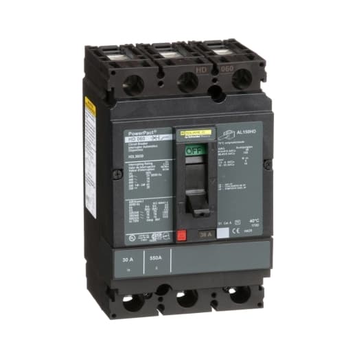 Schneider Electric HDL36030 Square D by Schneider Electric HDL36030 is a Moulded Case Circuit Breaker (MCCB) within the PowerPacT HDL sub-range, designed with a PowerPact H-Frame 150 TMD, featuring 3 poles (3P) and a rated current of 30A. It operates with a rated insulation voltage (Ui) of 750 V, rated voltages of 600Vac and 600Y/347Vac for AC, and 250Vdc for DC. The device offers thermal protection for overload scenarios and magnetic protection against short-circuits, with connection types being lugs on both load and line sides. It is designed for individual unit mount on plate, with dimensions of 163 mm in height, 104 mm in width, and 86 mm in depth. The HDL36030 has a degree of protection rated at IP40 and operates manually via a toggle. Protection settings include over-current fixed at 30A, short-circuit hold current fixed at 350A, and short-circuit trip current fixed at 750A. Its rated operating voltage (Ue) is 690 V, with a rated impulse voltage (Uimp) of 8 kV. The trip current rating is 30 AT, with a frame current rating of 150 AF. The short circuit breaking rating varies with voltage, up to 25kA at 240Vac and down to 14kA at 600Vac/600Y/347Vac for AC, and 20kA at 250Vdc, according to UL489 standards. The trip unit type is thermal-magnetic (fixed), without a display, and it falls under utilisation category A. Schneider Electric HDL36030 Square D by Schneider Electric HDL36030 is a Moulded Case Circuit Breaker (MCCB) within the PowerPacT HDL sub-range, designed with a PowerPact H-Frame 150 TMD, featuring 3 poles (3P) and a rated current of 30A. It operates with a rated insulation voltage (Ui) of 750 V, rated voltages of 600Vac and 600Y/347Vac for AC, and 250Vdc for DC. The device offers thermal protection for overload scenarios and magnetic protection against short-circuits, with connection types being lugs on both load and line sides. It is designed for individual unit mount on plate, with dimensions of 163 mm in height, 104 mm in width, and 86 mm in depth. The HDL36030 has a degree of protection rated at IP40 and operates manually via a toggle. Protection settings include over-current fixed at 30A, short-circuit hold current fixed at 350A, and short-circuit trip current fixed at 750A. Its rated operating voltage (Ue) is 690 V, with a rated impulse voltage (Uimp) of 8 kV. The trip current rating is 30 AT, with a frame current rating of 150 AF. The short circuit breaking rating varies with voltage, up to 25kA at 240Vac and down to 14kA at 600Vac/600Y/347Vac for AC, and 20kA at 250Vdc, according to UL489 standards. The trip unit type is thermal-magnetic (fixed), without a display, and it falls under utilisation category A.