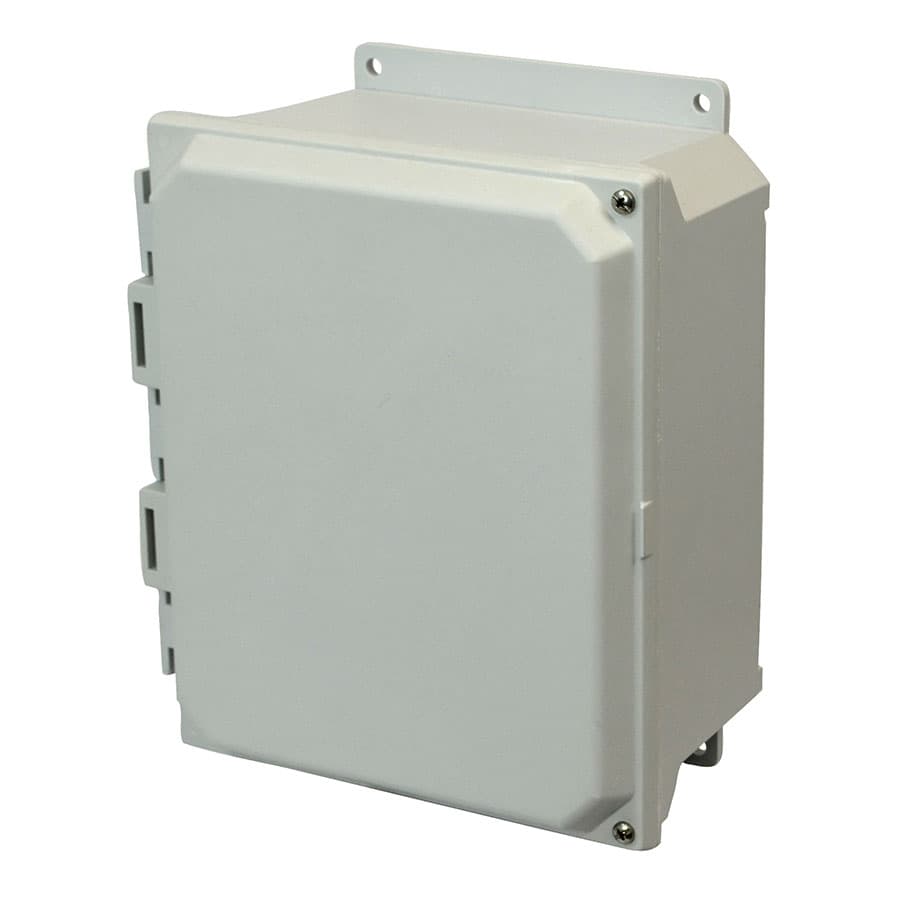 Allied Moulded Products AMU1084HF 10"x8"x4" ULTRALINE® fiberglass wall mount enclosure assembly with 2-screw hinged cover Allied Moulded Products AMU1084HF 10"x8"x4" ULTRALINE® fiberglass wall mount enclosure assembly with 2-screw hinged cover