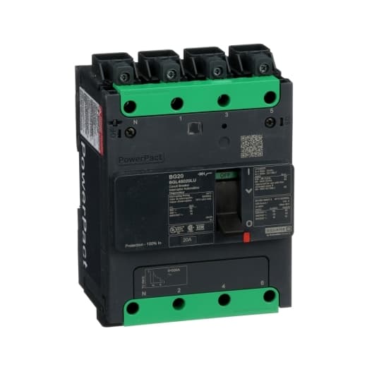 Schneider Electric BGL46020LU Square D by Schneider Electric BGL46020LU is a Moulded Case Circuit Breaker (MCCB) within the PowerPacT BGL sub-range, featuring a PowerPact B-Frame 100 TMD 4P 20A 600Y/347Vac 18kA design. It includes Everlink (Creep compensating) lugs on both line and load sides and a Control Wire terminal (CWT) on the line side only. This MCCB offers a degree of protection of IP40 and has a rated current of 20A with a rated voltage (AC) of 600Vac 600Y/347Vac. It is designed for 20000 operations in terms of mechanical durability at no load and can be mounted either on a DIN rail or as an individual unit on a plate. The device has 4 poles (4P), with dimensions of 137 mm in height, 80 mm in depth, and 108 mm in width. It falls under utilisation category A and features protection settings including over-current fixed at 20A, short-circuit hold current fixed at 400A, and short-circuit trip current fixed at 600A. The rated voltage (DC) is 250Vdc, with a rated insulation voltage (Ui) of 800 V and a rated operating voltage (Ue) of 525 V. Protection functions include thermal protection for overload and magnetic protection for short-circuit, with a trip current rating of 20 AT. Its electrical durability with load is rated for 10000 operations at 440Vac; In, and it has a frame current rating of 100 AF. The operating mode is manual toggle, and it has a short circuit breaking rating of 65kA at 240Vac, 35kA at 480Vac, 35kA at 480Y/277Vac, and 18kA at 600Y/347Vac according to UL489 standards. The trip unit type is thermal-magnetic (fixed) with no display. Schneider Electric BGL46020LU Square D by Schneider Electric BGL46020LU is a Moulded Case Circuit Breaker (MCCB) within the PowerPacT BGL sub-range, featuring a PowerPact B-Frame 100 TMD 4P 20A 600Y/347Vac 18kA design. It includes Everlink (Creep compensating) lugs on both line and load sides and a Control Wire terminal (CWT) on the line side only. This MCCB offers a degree of protection of IP40 and has a rated current of 20A with a rated voltage (AC) of 600Vac 600Y/347Vac. It is designed for 20000 operations in terms of mechanical durability at no load and can be mounted either on a DIN rail or as an individual unit on a plate. The device has 4 poles (4P), with dimensions of 137 mm in height, 80 mm in depth, and 108 mm in width. It falls under utilisation category A and features protection settings including over-current fixed at 20A, short-circuit hold current fixed at 400A, and short-circuit trip current fixed at 600A. The rated voltage (DC) is 250Vdc, with a rated insulation voltage (Ui) of 800 V and a rated operating voltage (Ue) of 525 V. Protection functions include thermal protection for overload and magnetic protection for short-circuit, with a trip current rating of 20 AT. Its electrical durability with load is rated for 10000 operations at 440Vac; In, and it has a frame current rating of 100 AF. The operating mode is manual toggle, and it has a short circuit breaking rating of 65kA at 240Vac, 35kA at 480Vac, 35kA at 480Y/277Vac, and 18kA at 600Y/347Vac according to UL489 standards. The trip unit type is thermal-magnetic (fixed) with no display.