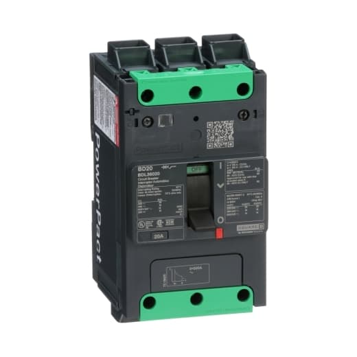 Schneider Electric BDL36020 Square D by Schneider Electric BDL36020 is a Moulded Case Circuit Breaker (MCCB) within the PowerPacT BDL sub-range, featuring a PowerPact B-Frame 100 TMD 3P 20A design for 600Y/347Vac with a 14kA breaking capacity and 80% rated Everlink (Creep compensating) lugs on both line and load sides. It has a rated impulse voltage (Uimp) of 8 kV and offers a degree of protection of IP40. The rated current is 20A, with a rated voltage (AC) of 600Vac 600Y/347Vac. This MCCB has a mechanical durability of 20,000 operations when not under load and can be mounted either on a DIN rail or as an individual unit on a plate. It features 3 poles (3P) and has dimensions of 137 mm in height, 80 mm in depth, and 81 mm in width. The utilisation category is A. Protection settings include over-current fixed at 20A, short-circuit hold current fixed at 400A, and short-circuit trip current fixed at 600A. The rated voltage (DC) is 250Vdc, with a rated insulation voltage (Ui) of 800 V and a rated operating voltage (Ue) of 525 V. Protection functions encompass thermal protection for overload and magnetic protection for short-circuits, with a trip current rating of 20 AT. Its electrical durability with load is rated at 10,000 operations at 440Vac; In. The frame current rating is 100 AF, and it operates via a toggle (manual) mode. The short circuit breaking rating varies by voltage: 25kA at 240Vac, 18kA at 480Vac and 480Y/277Vac, 14kA at 600Y/347Vac, and 10kA at 250Vdc, all according to UL489 standards. The trip unit type is thermal-magnetic (fixed) with no display. Schneider Electric BDL36020 Square D by Schneider Electric BDL36020 is a Moulded Case Circuit Breaker (MCCB) within the PowerPacT BDL sub-range, featuring a PowerPact B-Frame 100 TMD 3P 20A design for 600Y/347Vac with a 14kA breaking capacity and 80% rated Everlink (Creep compensating) lugs on both line and load sides. It has a rated impulse voltage (Uimp) of 8 kV and offers a degree of protection of IP40. The rated current is 20A, with a rated voltage (AC) of 600Vac 600Y/347Vac. This MCCB has a mechanical durability of 20,000 operations when not under load and can be mounted either on a DIN rail or as an individual unit on a plate. It features 3 poles (3P) and has dimensions of 137 mm in height, 80 mm in depth, and 81 mm in width. The utilisation category is A. Protection settings include over-current fixed at 20A, short-circuit hold current fixed at 400A, and short-circuit trip current fixed at 600A. The rated voltage (DC) is 250Vdc, with a rated insulation voltage (Ui) of 800 V and a rated operating voltage (Ue) of 525 V. Protection functions encompass thermal protection for overload and magnetic protection for short-circuits, with a trip current rating of 20 AT. Its electrical durability with load is rated at 10,000 operations at 440Vac; In. The frame current rating is 100 AF, and it operates via a toggle (manual) mode. The short circuit breaking rating varies by voltage: 25kA at 240Vac, 18kA at 480Vac and 480Y/277Vac, 14kA at 600Y/347Vac, and 10kA at 250Vdc, all according to UL489 standards. The trip unit type is thermal-magnetic (fixed) with no display.