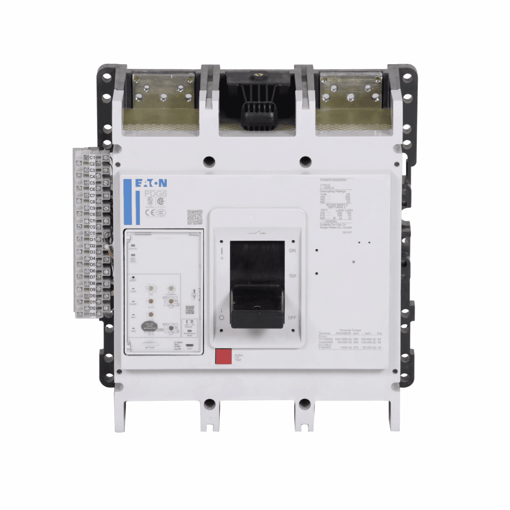 Eaton PDG63M2500E5CN PDG63M2500E5CN Eaton - Eaton Power Defense molded case circuit breaker, Globally Rated, Frame 6, Three Pole, 2500A, 65kA/480V, PXR20 ARMS LSIG w/ CAM Link & Relays, No Terminals Eaton PDG63M2500E5CN PDG63M2500E5CN Eaton - Eaton Power Defense molded case circuit breaker, Globally Rated, Frame 6, Three Pole, 2500A, 65kA/480V, PXR20 ARMS LSIG w/ CAM Link & Relays, No Terminals