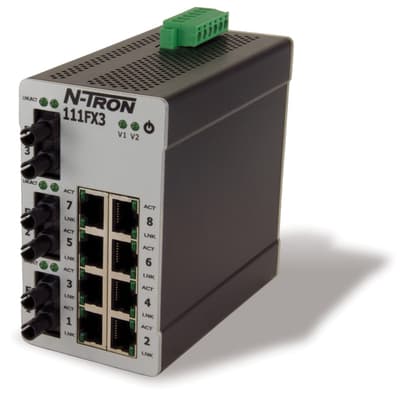 Red Lion 111FXE3-ST-80 Red Lion 111FXE3-ST-80 is an industrial Ethernet switch designed for robust networking applications. It operates with a supply voltage range of 10-49Vdc, including 12Vdc, 24Vdc, and 48Vdc, supported by redundant power inputs. This switch features 8 RJ45 ports supporting 10/100BaseTX and 3 fiber optic ST connectors for single-mode fiber with a 100BaseFX rating, suitable for 80km rated optical fiber lengths. The ambient air temperature for storage is specified from -40 to +80 degrees Celsius. It is designed with an IP30 rated metallic case for DIN rail mounting, indicating its suitability for industrial environments. The switch includes 11 ports in total, adhering to the N-Tron 100 series specifications under the UNSPSC code. Red Lion 111FXE3-ST-80 Red Lion 111FXE3-ST-80 is an industrial Ethernet switch designed for robust networking applications. It operates with a supply voltage range of 10-49Vdc, including 12Vdc, 24Vdc, and 48Vdc, supported by redundant power inputs. This switch features 8 RJ45 ports supporting 10/100BaseTX and 3 fiber optic ST connectors for single-mode fiber with a 100BaseFX rating, suitable for 80km rated optical fiber lengths. The ambient air temperature for storage is specified from -40 to +80 degrees Celsius. It is designed with an IP30 rated metallic case for DIN rail mounting, indicating its suitability for industrial environments. The switch includes 11 ports in total, adhering to the N-Tron 100 series specifications under the UNSPSC code.