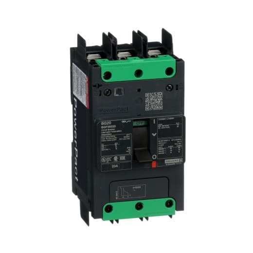 Schneider Electric BGF36020 Square D by Schneider Electric BGF36020 is a Moulded Case Circuit Breaker (MCCB) within the PowerPacT BGF sub-range, featuring a PowerPact B-Frame 100 TMD 3P-3t design. It has a rated current of 20A and operates at a rated voltage of 600Vac 600Y/347Vac, with a rated impulse voltage (Uimp) of 8 kV. The connection type is a terminal nut kit for fixed busbar connection on both line and load sides, offering a degree of protection of IP40. This MCCB has a mechanical durability of 15,000 operations and can be mounted either on a DIN rail or as an individual unit on a plate. It comes with three poles (3P) and has dimensions of 137 mm in height, 80 mm in depth, and 81 mm in width. The utilisation category is A, and it features over-current protection fixed at 20A, short-circuit hold current fixed at 400A, and short-circuit trip current fixed at 600A. The rated insulation voltage (Ui) is 800 V, with a rated operating voltage (Ue) of 525 V. It provides thermal protection for overload and magnetic protection for short-circuits, with a trip current rating of 20 AT. The electrical durability with load is 10,000 operations at 440Vac; In, and the frame current rating is 100 AF. The operating mode is manual toggle, and it has a short circuit breaking rating of 65kA at 240Vac, 35kA at 480Vac, 35kA at 480Y/277Vac, and 18kA at 600Y/347Vac under UL489 standards. The trip unit type is thermal-magnetic (fixed) without a display. Schneider Electric BGF36020 Square D by Schneider Electric BGF36020 is a Moulded Case Circuit Breaker (MCCB) within the PowerPacT BGF sub-range, featuring a PowerPact B-Frame 100 TMD 3P-3t design. It has a rated current of 20A and operates at a rated voltage of 600Vac 600Y/347Vac, with a rated impulse voltage (Uimp) of 8 kV. The connection type is a terminal nut kit for fixed busbar connection on both line and load sides, offering a degree of protection of IP40. This MCCB has a mechanical durability of 15,000 operations and can be mounted either on a DIN rail or as an individual unit on a plate. It comes with three poles (3P) and has dimensions of 137 mm in height, 80 mm in depth, and 81 mm in width. The utilisation category is A, and it features over-current protection fixed at 20A, short-circuit hold current fixed at 400A, and short-circuit trip current fixed at 600A. The rated insulation voltage (Ui) is 800 V, with a rated operating voltage (Ue) of 525 V. It provides thermal protection for overload and magnetic protection for short-circuits, with a trip current rating of 20 AT. The electrical durability with load is 10,000 operations at 440Vac; In, and the frame current rating is 100 AF. The operating mode is manual toggle, and it has a short circuit breaking rating of 65kA at 240Vac, 35kA at 480Vac, 35kA at 480Y/277Vac, and 18kA at 600Y/347Vac under UL489 standards. The trip unit type is thermal-magnetic (fixed) without a display.