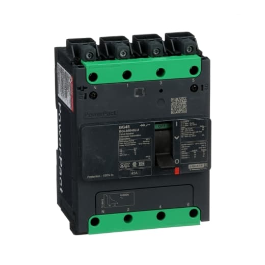 Schneider Electric BGL46045LU Square D by Schneider Electric BGL46045LU is a Moulded Case Circuit Breaker (MCCB) within the PowerPacT BGL sub-range, featuring a PowerPact B-Frame 100 TMD 4P design. It has a rated current of 45A and operates at a rated voltage of 600Vac 600Y/347Vac, with a rated impulse voltage (Uimp) of 8 kV. This MCCB is equipped with Everlink (Creep compensating) lugs on both line and load sides and a Control Wire terminal (CWT) on the line side only, offering a degree of protection of IP40. It is designed for fixed mounting on a DIN rail or as an individual unit mount on a plate, featuring 4 poles (4P) and mechanical durability of 20,000 operations at no load. The protection settings include over-current fixed at 45A, short-circuit hold current fixed at 400A, and short-circuit trip current fixed at 600A. Its dimensions are 137 mm in height, 80 mm in depth, and 108 mm in width, with a rated insulation voltage (Ui) of 800 V and a rated operating voltage (Ue) of 525 V. The MCCB provides thermal protection (overload) and magnetic protection (short-circuit), with a trip current rating of 45 AT and an electrical durability of 10,000 operations with load at 440Vac. The frame current rating is 100 AF, and it operates via a toggle (manual) mode. The short circuit breaking rating varies by voltage, with 65kA at 240Vac, 35kA at 480Vac and 480Y/277Vac, 18kA at 600Y/347Vac, and 20kA at 250Vdc, all according to UL489 standards. The trip unit type is thermal-magnetic (fixed) without a display. Schneider Electric BGL46045LU Square D by Schneider Electric BGL46045LU is a Moulded Case Circuit Breaker (MCCB) within the PowerPacT BGL sub-range, featuring a PowerPact B-Frame 100 TMD 4P design. It has a rated current of 45A and operates at a rated voltage of 600Vac 600Y/347Vac, with a rated impulse voltage (Uimp) of 8 kV. This MCCB is equipped with Everlink (Creep compensating) lugs on both line and load sides and a Control Wire terminal (CWT) on the line side only, offering a degree of protection of IP40. It is designed for fixed mounting on a DIN rail or as an individual unit mount on a plate, featuring 4 poles (4P) and mechanical durability of 20,000 operations at no load. The protection settings include over-current fixed at 45A, short-circuit hold current fixed at 400A, and short-circuit trip current fixed at 600A. Its dimensions are 137 mm in height, 80 mm in depth, and 108 mm in width, with a rated insulation voltage (Ui) of 800 V and a rated operating voltage (Ue) of 525 V. The MCCB provides thermal protection (overload) and magnetic protection (short-circuit), with a trip current rating of 45 AT and an electrical durability of 10,000 operations with load at 440Vac. The frame current rating is 100 AF, and it operates via a toggle (manual) mode. The short circuit breaking rating varies by voltage, with 65kA at 240Vac, 35kA at 480Vac and 480Y/277Vac, 18kA at 600Y/347Vac, and 20kA at 250Vdc, all according to UL489 standards. The trip unit type is thermal-magnetic (fixed) without a display.