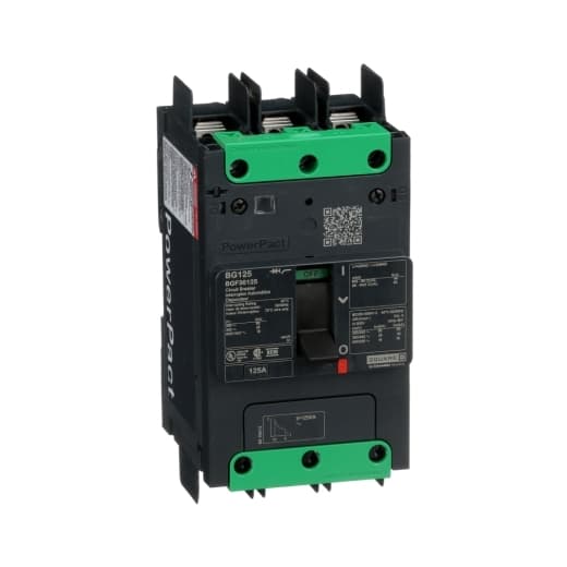 Schneider Electric BGF36125 Square D by Schneider Electric BGF36125 is a Moulded Case Circuit Breaker (MCCB) within the PowerPacT BGF sub-range, featuring a PowerPact B-Frame 125 TMD 3P-3t design. It has a rated current of 125A and operates at a rated voltage of 600Vac 600Y/347Vac, with a rated impulse voltage (Uimp) of 8 kV. The connection type is a terminal nut kit for fixed busbar connection on both line and load sides, and it offers a degree of protection of IP40. This MCCB is designed for fixed mounting on DIN rail or as an individual unit mount on a plate, with three poles (3P) and dimensions of 137 mm in height, 80 mm in depth, and 81 mm in width. It falls under utilisation category A and has mechanical durability of 15,000 operations at no load. The protection settings include over-current fixed at 125A, short-circuit hold current fixed at 1000A, and short-circuit trip current fixed at 1500A. It also features a rated voltage (DC) of 250Vdc, rated insulation voltage (Ui) of 800 V, and rated operating voltage (Ue) of 525 V. The protection functions are thermal protection for overload and magnetic protection for short-circuit, with a trip current rating of 125 AT. Its electrical durability with load is 10,000 operations at 440Vac; In, and it has a frame current rating of 125 AF. The operating mode is manual toggle, and it has a short circuit breaking rating of 65kA at 240Vac, 35kA at 480Vac, 35kA at 480Y/277Vac, 18kA at 600Y/347Vac, and 20kA at 250Vdc, all according to UL489 standards. The trip unit type is thermal-magnetic (fixed) with no display. Schneider Electric BGF36125 Square D by Schneider Electric BGF36125 is a Moulded Case Circuit Breaker (MCCB) within the PowerPacT BGF sub-range, featuring a PowerPact B-Frame 125 TMD 3P-3t design. It has a rated current of 125A and operates at a rated voltage of 600Vac 600Y/347Vac, with a rated impulse voltage (Uimp) of 8 kV. The connection type is a terminal nut kit for fixed busbar connection on both line and load sides, and it offers a degree of protection of IP40. This MCCB is designed for fixed mounting on DIN rail or as an individual unit mount on a plate, with three poles (3P) and dimensions of 137 mm in height, 80 mm in depth, and 81 mm in width. It falls under utilisation category A and has mechanical durability of 15,000 operations at no load. The protection settings include over-current fixed at 125A, short-circuit hold current fixed at 1000A, and short-circuit trip current fixed at 1500A. It also features a rated voltage (DC) of 250Vdc, rated insulation voltage (Ui) of 800 V, and rated operating voltage (Ue) of 525 V. The protection functions are thermal protection for overload and magnetic protection for short-circuit, with a trip current rating of 125 AT. Its electrical durability with load is 10,000 operations at 440Vac; In, and it has a frame current rating of 125 AF. The operating mode is manual toggle, and it has a short circuit breaking rating of 65kA at 240Vac, 35kA at 480Vac, 35kA at 480Y/277Vac, 18kA at 600Y/347Vac, and 20kA at 250Vdc, all according to UL489 standards. The trip unit type is thermal-magnetic (fixed) with no display.