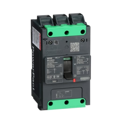 Schneider Electric BDL36035 Square D by Schneider Electric BDL36035 is a Moulded Case Circuit Breaker (MCCB) within the PowerPacT BDL sub-range, featuring a PowerPact B-Frame 100 TMD design. It is a 3-pole (3P) device with a rated current of 35A and a rated voltage of 600Vac 600Y/347Vac. The breaker is equipped with Everlink (Creep compensating) lugs on both line and load sides, ensuring a secure connection. It offers a degree of protection of IP40 and can be mounted either on a DIN rail or as an individual unit on a plate. The BDL36035 has a mechanical durability of 20,000 operations at no load and an electrical durability of 10,000 operations with load at 440Vac. Its protection settings include over-current fixed at 35A, short-circuit hold current fixed at 400A, and short-circuit trip current fixed at 600A. The device also features thermal protection for overload and magnetic protection for short-circuits, with a trip current rating of 35 AT. The frame current rating is 100 AF, and it operates via a toggle (manual) mode. The short circuit breaking rating varies with voltage, up to 25kA at 240Vac and down to 10kA at 250Vdc, according to UL489 standards. The trip unit type is thermal-magnetic (fixed) with no display. Schneider Electric BDL36035 Square D by Schneider Electric BDL36035 is a Moulded Case Circuit Breaker (MCCB) within the PowerPacT BDL sub-range, featuring a PowerPact B-Frame 100 TMD design. It is a 3-pole (3P) device with a rated current of 35A and a rated voltage of 600Vac 600Y/347Vac. The breaker is equipped with Everlink (Creep compensating) lugs on both line and load sides, ensuring a secure connection. It offers a degree of protection of IP40 and can be mounted either on a DIN rail or as an individual unit on a plate. The BDL36035 has a mechanical durability of 20,000 operations at no load and an electrical durability of 10,000 operations with load at 440Vac. Its protection settings include over-current fixed at 35A, short-circuit hold current fixed at 400A, and short-circuit trip current fixed at 600A. The device also features thermal protection for overload and magnetic protection for short-circuits, with a trip current rating of 35 AT. The frame current rating is 100 AF, and it operates via a toggle (manual) mode. The short circuit breaking rating varies with voltage, up to 25kA at 240Vac and down to 10kA at 250Vdc, according to UL489 standards. The trip unit type is thermal-magnetic (fixed) with no display.