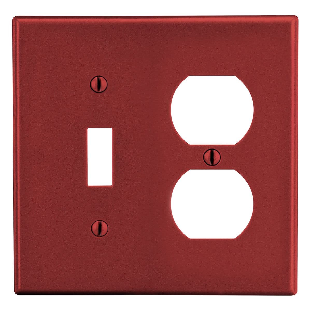 Hubbell PJ18R Wallplate, Mid-Size 2-Gang, 1) Duplex 1) Toggle, Red ; High-impact, self-extinguishing polycarbonate material ; More Rigid ; Sharp lines and less dimpling ; Smooth satin finish ; Blends into wall with an optimum finish ; Smooth Satin Finish Hubbell PJ18R Wallplate, Mid-Size 2-Gang, 1) Duplex 1) Toggle, Red ; High-impact, self-extinguishing polycarbonate material ; More Rigid ; Sharp lines and less dimpling ; Smooth satin finish ; Blends into wall with an optimum finish ; Smooth Satin Finish