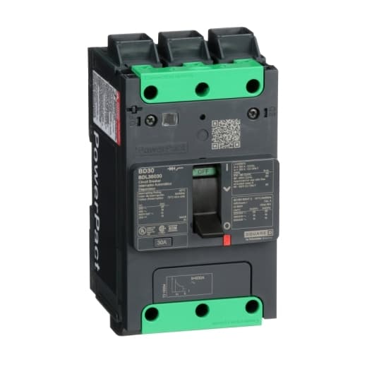 Schneider Electric BDL36030 Square D by Schneider Electric BDL36030 is a Moulded Case Circuit Breaker (MCCB) within the PowerPacT BDL sub-range, featuring a PowerPact B-Frame 100 TMD 3P 30A 600Y/347Vac 14kA design. It has a rated impulse voltage (Uimp) of 8 kV and utilizes Everlink (Creep compensating) lugs for connections on both line and load sides, offering a degree of protection of IP40. The rated current is 30A, with a rated voltage (AC) of 600Vac 600Y/347Vac. It is designed for mechanical durability of 20,000 operations at no load and can be mounted either on a DIN rail or as an individual unit on a plate. This 3-pole (3P) circuit breaker has dimensions of 137 mm in height, 80 mm in depth, and 81 mm in width. It falls under utilisation category A and features protection settings for over-current fixed at 30A, short-circuit hold current fixed at 400A, and short-circuit trip current fixed at 600A. The rated voltage (DC) is 250Vdc, with a rated insulation voltage (Ui) of 800 V and a rated operating voltage (Ue) of 525 V. It provides thermal protection for overload and magnetic protection for short-circuits, with a trip current rating of 30 AT. The electrical durability with load is rated for 10,000 operations at 440Vac; In, and it has a frame current rating of 100 AF. The operating mode is toggle (manual), and it has a short circuit breaking rating of 25kA at 240Vac, 18kA at 480Vac, 18kA at 480Y/277Vac, and 14kA at 600Y/347Vac under UL489 standards. The trip unit type is thermal-magnetic (fixed) with no display. Schneider Electric BDL36030 Square D by Schneider Electric BDL36030 is a Moulded Case Circuit Breaker (MCCB) within the PowerPacT BDL sub-range, featuring a PowerPact B-Frame 100 TMD 3P 30A 600Y/347Vac 14kA design. It has a rated impulse voltage (Uimp) of 8 kV and utilizes Everlink (Creep compensating) lugs for connections on both line and load sides, offering a degree of protection of IP40. The rated current is 30A, with a rated voltage (AC) of 600Vac 600Y/347Vac. It is designed for mechanical durability of 20,000 operations at no load and can be mounted either on a DIN rail or as an individual unit on a plate. This 3-pole (3P) circuit breaker has dimensions of 137 mm in height, 80 mm in depth, and 81 mm in width. It falls under utilisation category A and features protection settings for over-current fixed at 30A, short-circuit hold current fixed at 400A, and short-circuit trip current fixed at 600A. The rated voltage (DC) is 250Vdc, with a rated insulation voltage (Ui) of 800 V and a rated operating voltage (Ue) of 525 V. It provides thermal protection for overload and magnetic protection for short-circuits, with a trip current rating of 30 AT. The electrical durability with load is rated for 10,000 operations at 440Vac; In, and it has a frame current rating of 100 AF. The operating mode is toggle (manual), and it has a short circuit breaking rating of 25kA at 240Vac, 18kA at 480Vac, 18kA at 480Y/277Vac, and 14kA at 600Y/347Vac under UL489 standards. The trip unit type is thermal-magnetic (fixed) with no display.