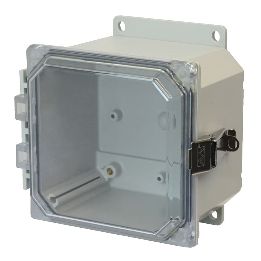 Allied Moulded Products AMP664CCLF 6"x6"x4" POLYLINE® polycarbonate wall mount enclosure assembly with hinged clear cover and stainless-steel snap latch Allied Moulded Products AMP664CCLF 6"x6"x4" POLYLINE® polycarbonate wall mount enclosure assembly with hinged clear cover and stainless-steel snap latch