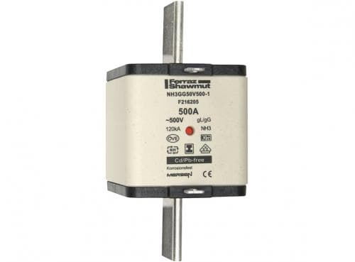Mersen F216205 NH fuse-link gG, 500VAC, size 3, 500A double indicator/insulated tags Mersen F216205 NH fuse-link gG, 500VAC, size 3, 500A double indicator/insulated tags