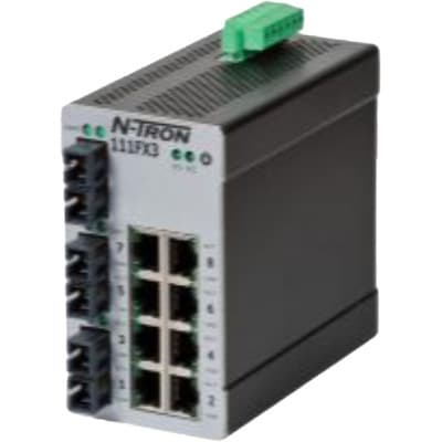Red Lion 111FXE3-SC-40 Red Lion 111FXE3-SC-40 is an industrial Ethernet switch designed to facilitate robust network communication. It operates with a supply voltage range of 10-49Vdc, supporting 12Vdc, 24Vdc, and 48Vdc with redundant power inputs. This switch features 8 RJ45 ports supporting 10/100BaseTX and 3 fiber optic SC connectors for single-mode fibers, capable of transmitting data over a 40km rated optical fiber length. It is designed to withstand ambient air temperatures for storage ranging from -40 to +80 degrees Celsius. Encased in a metallic body for durability, it adheres to an IP30 rating for protection and is mounted using DIN rail technology. The 111FXE3-SC-40 is part of the N-Tron 100 series, classified under the UNSPSC code specific to Ethernet switches, and is equipped with 11 ports to accommodate extensive network configurations. Red Lion 111FXE3-SC-40 Red Lion 111FXE3-SC-40 is an industrial Ethernet switch designed to facilitate robust network communication. It operates with a supply voltage range of 10-49Vdc, supporting 12Vdc, 24Vdc, and 48Vdc with redundant power inputs. This switch features 8 RJ45 ports supporting 10/100BaseTX and 3 fiber optic SC connectors for single-mode fibers, capable of transmitting data over a 40km rated optical fiber length. It is designed to withstand ambient air temperatures for storage ranging from -40 to +80 degrees Celsius. Encased in a metallic body for durability, it adheres to an IP30 rating for protection and is mounted using DIN rail technology. The 111FXE3-SC-40 is part of the N-Tron 100 series, classified under the UNSPSC code specific to Ethernet switches, and is equipped with 11 ports to accommodate extensive network configurations.