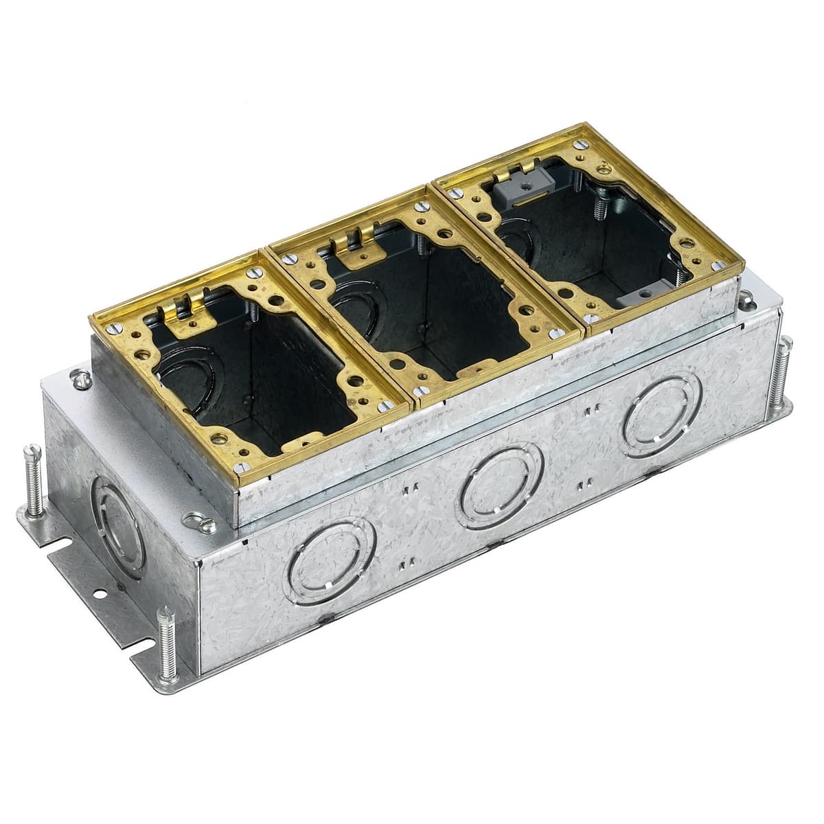 Hubbell B2433 Flush Concrete Floor Box Series, 3-Gang, Rectangular Galvanized Stamped Steel Box, Deep, Fully Adjustable, Brass Top ; Stamped steel construction ; Concentric knockouts permit various conduit sizes ; Economical and light weight for above-grade applicatio Hubbell B2433 Flush Concrete Floor Box Series, 3-Gang, Rectangular Galvanized Stamped Steel Box, Deep, Fully Adjustable, Brass Top ; Stamped steel construction ; Concentric knockouts permit various conduit sizes ; Economical and light weight for above-grade applicatio