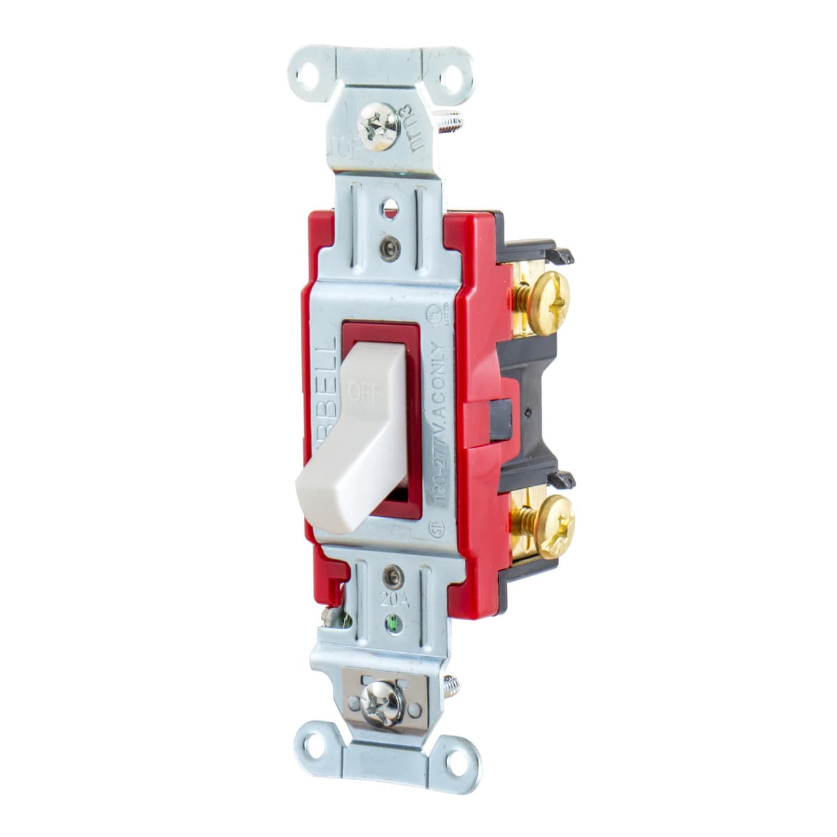 Hubbell 1221W Switches and Lighting Controls, Hubbell- PRO Series, Toggle Switches,General Purpose AC, Single Pole, 20A 120/277V AC, Back and Side Wired, White ; Steel, zinc plated bridge is corrosion resistant ; Color Coded by Amperage makes inspection easy even when Hubbell 1221W Switches and Lighting Controls, Hubbell- PRO Series, Toggle Switches,General Purpose AC, Single Pole, 20A 120/277V AC, Back and Side Wired, White ; Steel, zinc plated bridge is corrosion resistant ; Color Coded by Amperage makes inspection easy even when