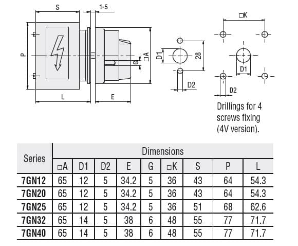 Lovato Electric 7GN1205U25 7GN1205U25 Lovato - Rotary cam switch 7GN series, ON-OFF switch 1 pole 16A, for front mounting with red/yellow handle padlockable in 0 and protection covers, front plate 65X65mm Lovato Electric 7GN1205U25 7GN1205U25 Lovato - Rotary cam switch 7GN series, ON-OFF switch 1 pole 16A, for front mounting with red/yellow handle padlockable in 0 and protection covers, front plate 65X65mm