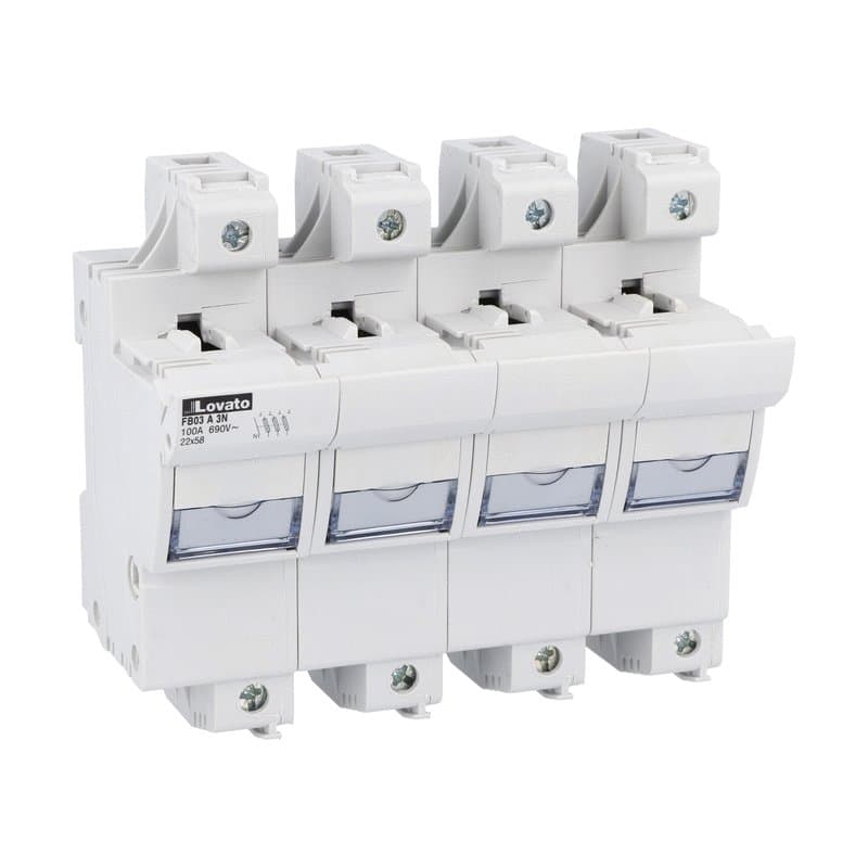 Lovato Electric FB03A3N FB03A3N Lovato - Fuse holder UL recognized and CSA certified, for 22X58mm fuses. 100A/125A rated current at 690VAC, 3P+N. Without status indicator. 4 modules Lovato Electric FB03A3N FB03A3N Lovato - Fuse holder UL recognized and CSA certified, for 22X58mm fuses. 100A/125A rated current at 690VAC, 3P+N. Without status indicator. 4 modules