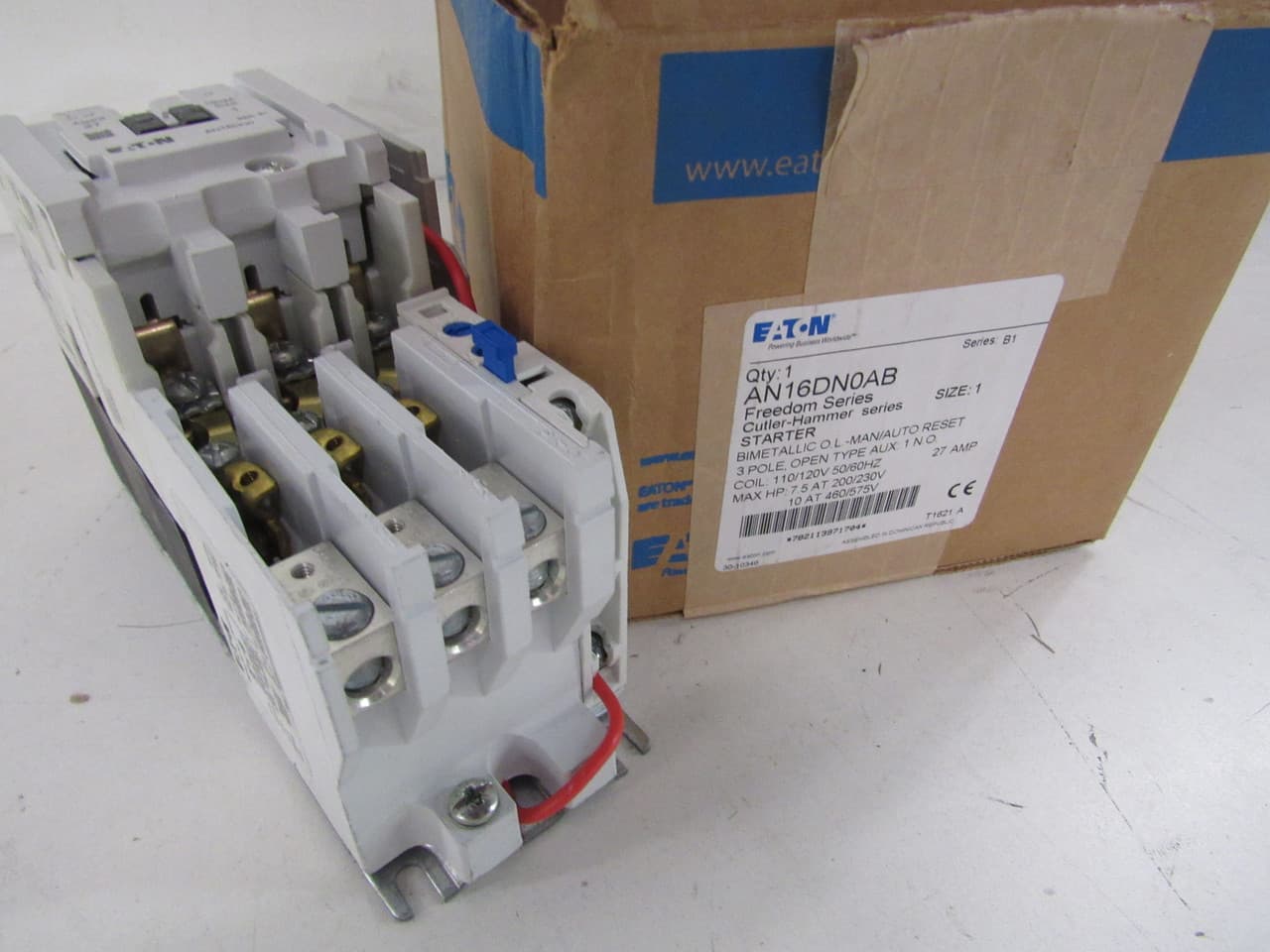 Eaton AN16DN0AB AN16DN0AB Eaton - Eaton Freedom NEMA motor control starter, Non-Reversing Reset Overload Relay Starter, 2 hp at 115V, 3 hp at 230V, 7-1/2 hp at 208,240V, 10 hp at 480,600V maximum horsepower, 120V/60 Hz or 110V/50 Hz coil voltage, 27A, Three-pole, Size 1 Eaton AN16DN0AB AN16DN0AB Eaton - Eaton Freedom NEMA motor control starter, Non-Reversing Reset Overload Relay Starter, 2 hp at 115V, 3 hp at 230V, 7-1/2 hp at 208,240V, 10 hp at 480,600V maximum horsepower, 120V/60 Hz or 110V/50 Hz coil voltage, 27A, Three-pole, Size 1