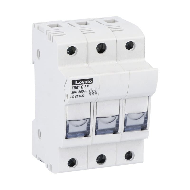 Lovato Electric FB01G3P FB01G3P Lovato - Fuse holder UL certified for class CC fuses for north american market, for 10X38mm fuses. 30A rated current at 690VAC, 3P. Without status indicator. 3 modules Lovato Electric FB01G3P FB01G3P Lovato - Fuse holder UL certified for class CC fuses for north american market, for 10X38mm fuses. 30A rated current at 690VAC, 3P. Without status indicator. 3 modules