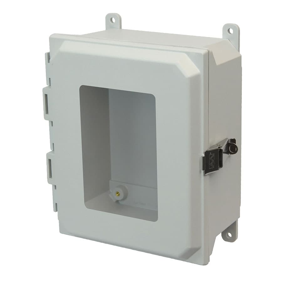 Allied Moulded Products AMU1084LW 10"x8"x4" ULTRALINE® fiberglass wall mount enclosure assembly with hinged window cover and stainless-steel snap latch Allied Moulded Products AMU1084LW 10"x8"x4" ULTRALINE® fiberglass wall mount enclosure assembly with hinged window cover and stainless-steel snap latch
