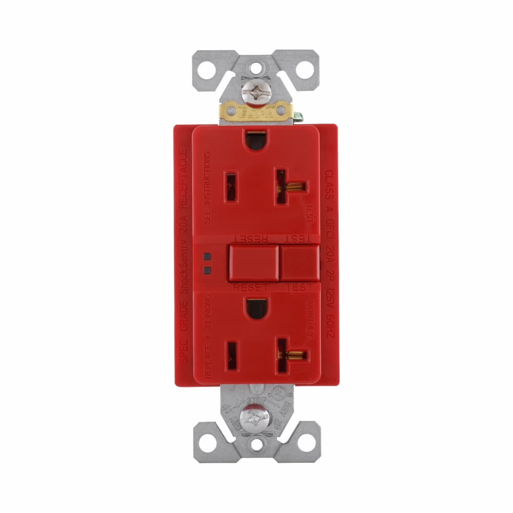 Eaton SGF20RD SGF20RD Eaton - Eaton GFCI receptacle,Self-test,#14 - 10 AWG,20A,Residential,Commercial,Flush,125 V,GFCI,Back and side wire,Red,Brass,Receptacle,Polycarbonate,5-20R,Two-pole, three-wire, grounding Eaton SGF20RD SGF20RD Eaton - Eaton GFCI receptacle,Self-test,#14 - 10 AWG,20A,Residential,Commercial,Flush,125 V,GFCI,Back and side wire,Red,Brass,Receptacle,Polycarbonate,5-20R,Two-pole, three-wire, grounding