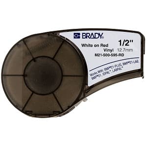 Brady Corp M21-500-595-RD Label Cartridge; White on Red Color; 21FT Nominal Length; Vinyl Material; Abrasion/Chemical/Oil/Water Resistance;; 0.5" Nominal Width; For Used With Brady BMP21 Printer Brady Corp M21-500-595-RD Label Cartridge; White on Red Color; 21FT Nominal Length; Vinyl Material; Abrasion/Chemical/Oil/Water Resistance;; 0.5" Nominal Width; For Used With Brady BMP21 Printer