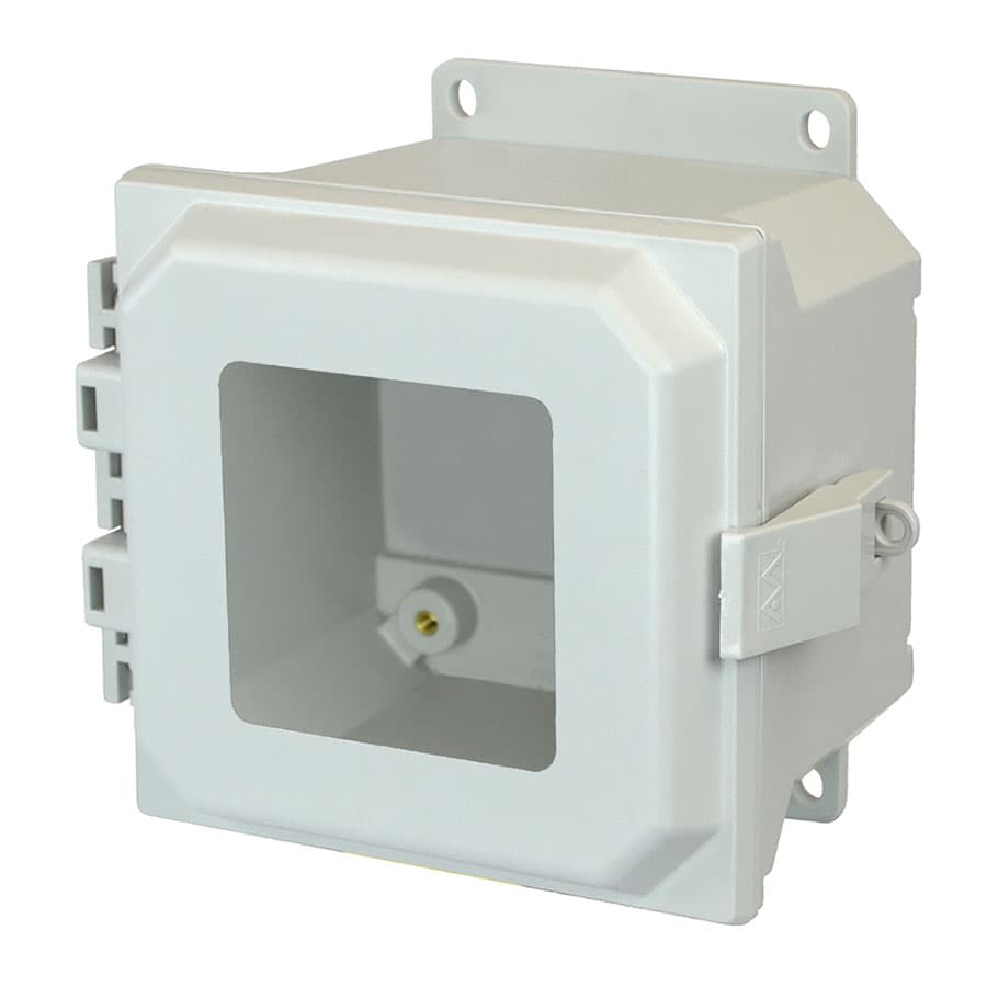 Allied Moulded Products AMU884NLWF 8"x8"x4" ULTRALINE® fiberglass wall mount enclosure assembly with hinged window cover and nonmetal snap latch Allied Moulded Products AMU884NLWF 8"x8"x4" ULTRALINE® fiberglass wall mount enclosure assembly with hinged window cover and nonmetal snap latch