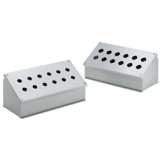 Hoffman E12PBA Sloped-Front Pushbutton Enclosures, Type 12, 12PBx30.5mm, Landscape, Gray, Steel Hoffman E12PBA Sloped-Front Pushbutton Enclosures, Type 12, 12PBx30.5mm, Landscape, Gray, Steel