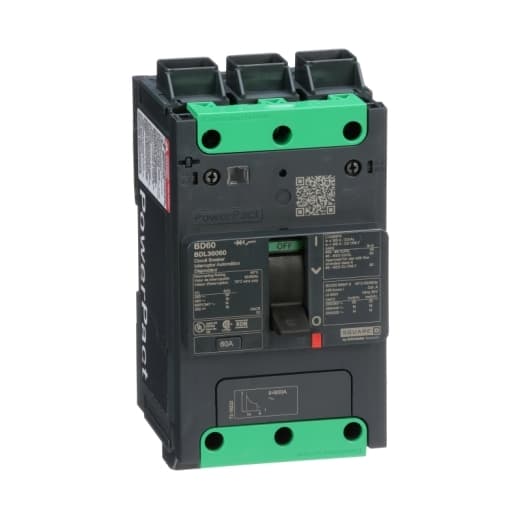 Schneider Electric BDL36060 Square D by Schneider Electric BDL36060 is a Moulded Case Circuit Breaker (MCCB) within the PowerPacT BDL sub-range. It features a PowerPact B-Frame 100 TMD design with 3 poles (3P) and a rated current of 60A. This MCCB operates at a rated voltage of 600Vac 600Y/347Vac and a DC voltage of 250Vdc, with a rated insulation voltage (Ui) of 800 V and a rated operating voltage (Ue) of 525 V. The connection type is Everlink (Creep compensating) lugs on both line and load sides, offering a degree of protection of IP40. It has a mechanical durability of 20,000 operations at no load and an electrical durability of 10,000 operations with load (440Vac; In). The MCCB's protection settings include over-current fixed at 60A, short-circuit hold current fixed at 640A, and short-circuit trip current fixed at 960A, with protection functions for thermal (overload) and magnetic (short-circuit). The trip unit type is thermal-magnetic (fixed) with no display. It has a short circuit breaking rating of 25kA at 240Vac, 18kA at 480Vac and 480Y/277Vac, and 14kA at 600Y/347Vac under UL489 standards. The MCCB is designed for fixed mounting on a DIN rail or as an individual unit mount on a plate, with dimensions of 137 mm in height, 80 mm in depth, and 81 mm in width. Schneider Electric BDL36060 Square D by Schneider Electric BDL36060 is a Moulded Case Circuit Breaker (MCCB) within the PowerPacT BDL sub-range. It features a PowerPact B-Frame 100 TMD design with 3 poles (3P) and a rated current of 60A. This MCCB operates at a rated voltage of 600Vac 600Y/347Vac and a DC voltage of 250Vdc, with a rated insulation voltage (Ui) of 800 V and a rated operating voltage (Ue) of 525 V. The connection type is Everlink (Creep compensating) lugs on both line and load sides, offering a degree of protection of IP40. It has a mechanical durability of 20,000 operations at no load and an electrical durability of 10,000 operations with load (440Vac; In). The MCCB's protection settings include over-current fixed at 60A, short-circuit hold current fixed at 640A, and short-circuit trip current fixed at 960A, with protection functions for thermal (overload) and magnetic (short-circuit). The trip unit type is thermal-magnetic (fixed) with no display. It has a short circuit breaking rating of 25kA at 240Vac, 18kA at 480Vac and 480Y/277Vac, and 14kA at 600Y/347Vac under UL489 standards. The MCCB is designed for fixed mounting on a DIN rail or as an individual unit mount on a plate, with dimensions of 137 mm in height, 80 mm in depth, and 81 mm in width.