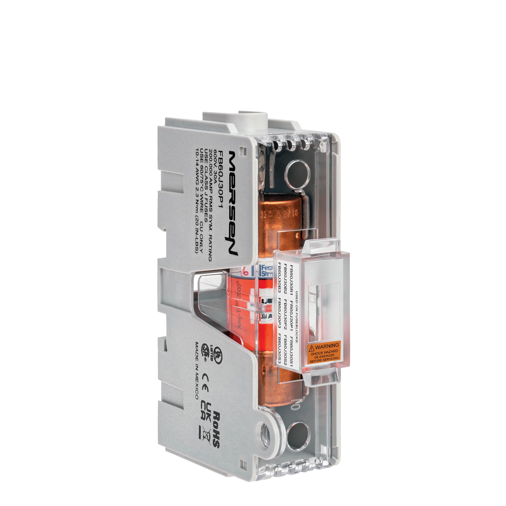 Mersen FB60J30P1 FB60J30P1 Mersen - Fuse Block 600VAC 600VDC Class J 30A 1-Pole Pressure Plate Mersen FB60J30P1 FB60J30P1 Mersen - Fuse Block 600VAC 600VDC Class J 30A 1-Pole Pressure Plate