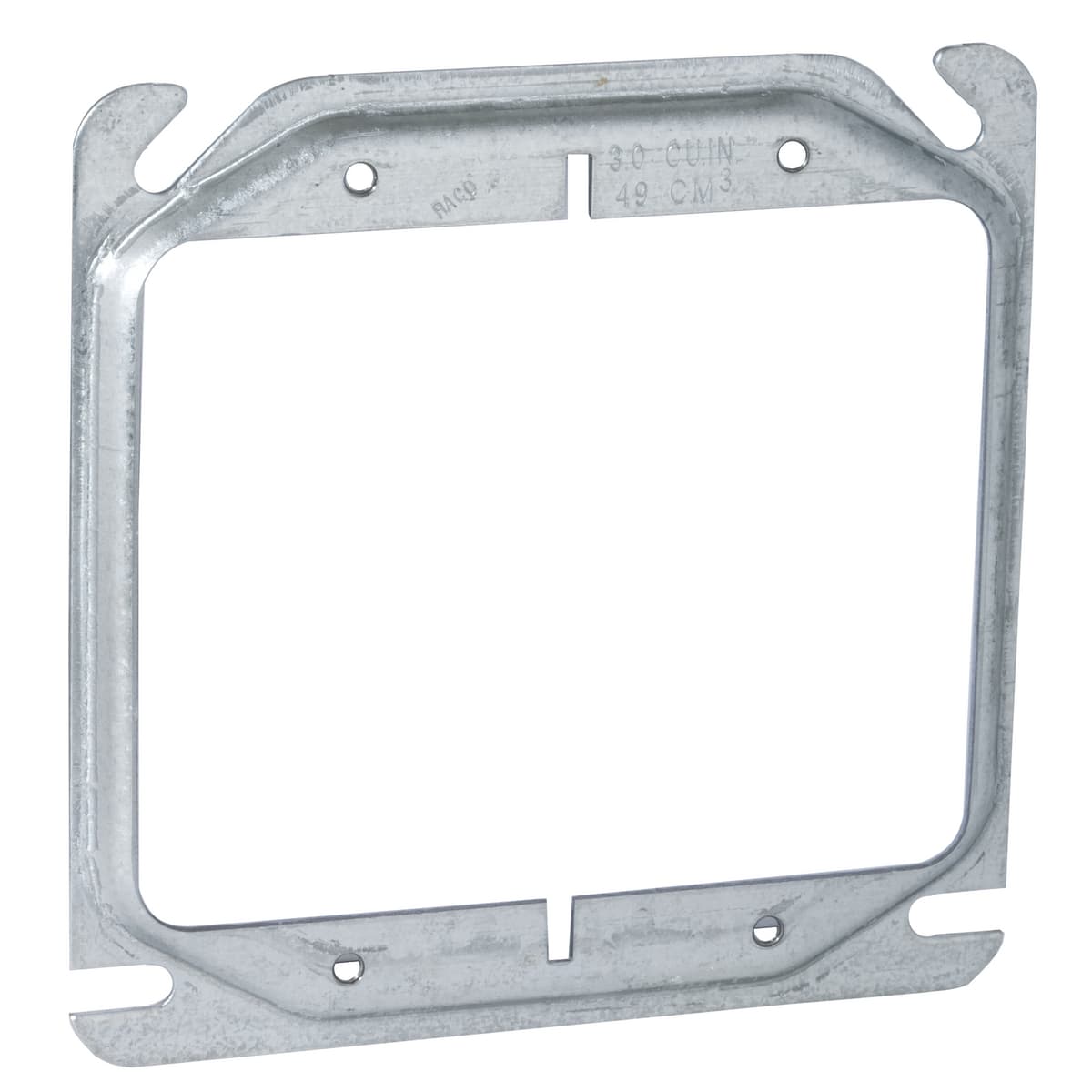 Hubbell 8777-0 4 in. Square Cover, 2-Device, 1/4 in. Raised ; Angled mounting slots compensate up to 12 degrees for box misalignment ; Hubbell 8777-0 4 in. Square Cover, 2-Device, 1/4 in. Raised ; Angled mounting slots compensate up to 12 degrees for box misalignment ;