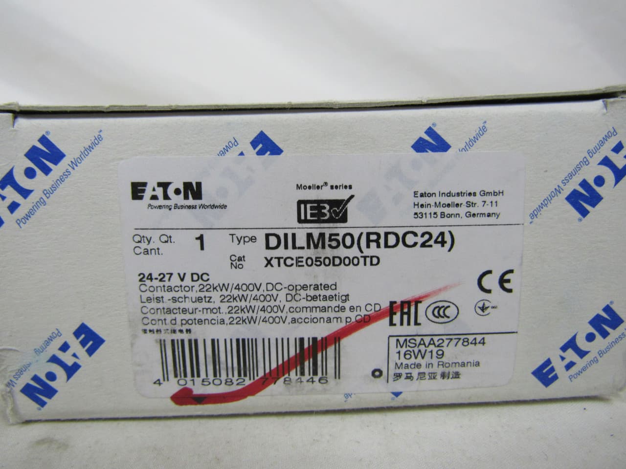 Eaton XTCE050D00TD XTCE050D00TD Eaton - Eaton XT IEC contactor, 50A, 24-27 Vdc, 0NO-0NC, 50A, Frame D, 55 mm, 3, 7.5, 10/ 15, 20, 40, 50 hp (1/3PH @115, 200, 230/200, 230, 460, 575 V), Three-pole, Non-reversing, , Screw terminals, FVNR Eaton XTCE050D00TD XTCE050D00TD Eaton - Eaton XT IEC contactor, 50A, 24-27 Vdc, 0NO-0NC, 50A, Frame D, 55 mm, 3, 7.5, 10/ 15, 20, 40, 50 hp (1/3PH @115, 200, 230/200, 230, 460, 575 V), Three-pole, Non-reversing, , Screw terminals, FVNR