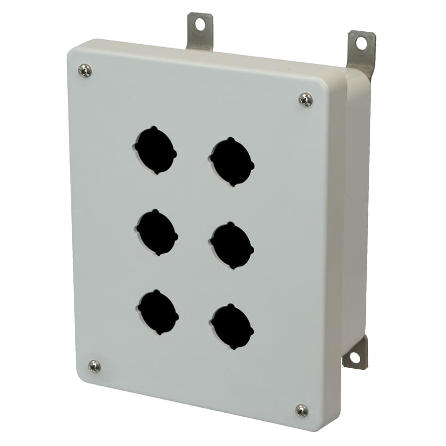 Allied Moulded Products AM864P6 8"x6"x4" AM Series fiberglass wall mount enclosure assembly with 4-screw lift-off cover and 6 pushbutton holes Allied Moulded Products AM864P6 8"x6"x4" AM Series fiberglass wall mount enclosure assembly with 4-screw lift-off cover and 6 pushbutton holes