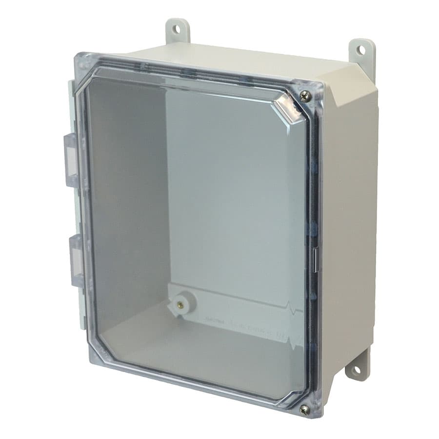 Allied Moulded Products AMU1084CCH 10"x8"x4" ULTRALINE® fiberglass wall mount enclosure assembly with 2-screw hinged clear cover Allied Moulded Products AMU1084CCH 10"x8"x4" ULTRALINE® fiberglass wall mount enclosure assembly with 2-screw hinged clear cover
