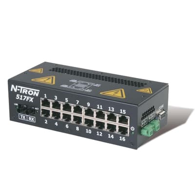 Red Lion 517FXE-A-SC-80 Red Lion 517FXE-A-SC-80 is an Ethernet Switch designed for industrial process control with monitored Ethernet switch capabilities. It features IGMP Auto Configuration, VLAN, QoS, Trunking or Link aggregation, Port Mirroring, and N-View Remote Monitoring Technology. The switch operates on a supply voltage of 10-30Vdc, including redundant power inputs, and offers connectivity through 16 RJ45 ports (10/100BaseTX) and 1 Fiber optic SC connector (single-mode) with a 100BaseFX rated current and a 60km rated optical fiber length. It incorporates advanced management firmware, supports an ambient air temperature for storage of -40 to +85 degrees Celsius, and achieves a maximum throughput of 2.6Gbit/s. The component utilizes DIN rail technology, is encased in a metallic case, and is specified as a 17-ports device under the N-Tron 500-A series, with an UNSPSC code provided. Red Lion 517FXE-A-SC-80 Red Lion 517FXE-A-SC-80 is an Ethernet Switch designed for industrial process control with monitored Ethernet switch capabilities. It features IGMP Auto Configuration, VLAN, QoS, Trunking or Link aggregation, Port Mirroring, and N-View Remote Monitoring Technology. The switch operates on a supply voltage of 10-30Vdc, including redundant power inputs, and offers connectivity through 16 RJ45 ports (10/100BaseTX) and 1 Fiber optic SC connector (single-mode) with a 100BaseFX rated current and a 60km rated optical fiber length. It incorporates advanced management firmware, supports an ambient air temperature for storage of -40 to +85 degrees Celsius, and achieves a maximum throughput of 2.6Gbit/s. The component utilizes DIN rail technology, is encased in a metallic case, and is specified as a 17-ports device under the N-Tron 500-A series, with an UNSPSC code provided.