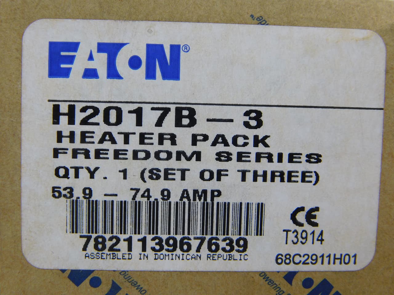 Eaton H2017B-3 H2017B-3 Eaton - Eaton Freedom NEMA heater coil, Freedom/Definite Purpose Heater Pack, Standard Trip, Class 20 , NEMA, IEC , full load range 53.9A 60.9A 67.9A 74.9A Dial positions A B C D respectively, overload relay 75A Eaton H2017B-3 H2017B-3 Eaton - Eaton Freedom NEMA heater coil, Freedom/Definite Purpose Heater Pack, Standard Trip, Class 20 , NEMA, IEC , full load range 53.9A 60.9A 67.9A 74.9A Dial positions A B C D respectively, overload relay 75A