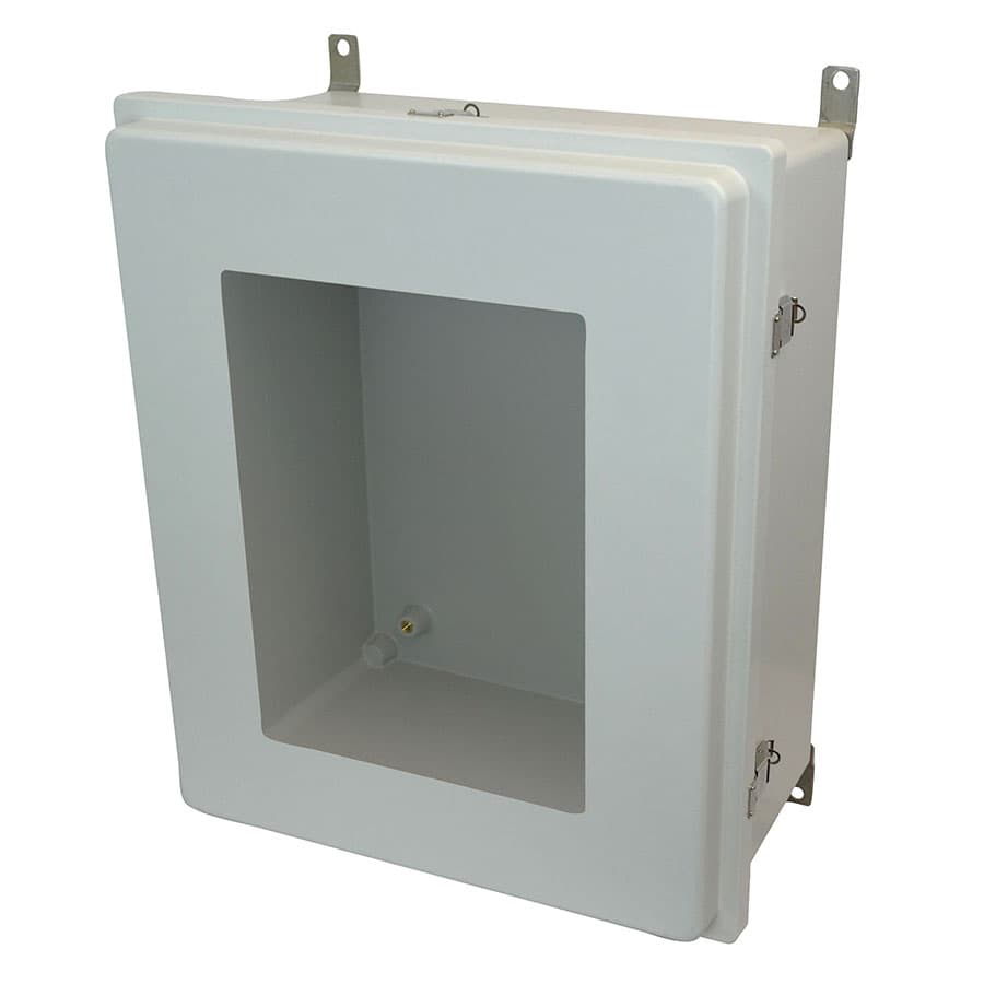 Allied Moulded Products AM24208RLW 24"x20"x8" Control Series fiberglass wall mount enclosure assembly with raised hinged window cover and stainless-steel snap latches Allied Moulded Products AM24208RLW 24"x20"x8" Control Series fiberglass wall mount enclosure assembly with raised hinged window cover and stainless-steel snap latches