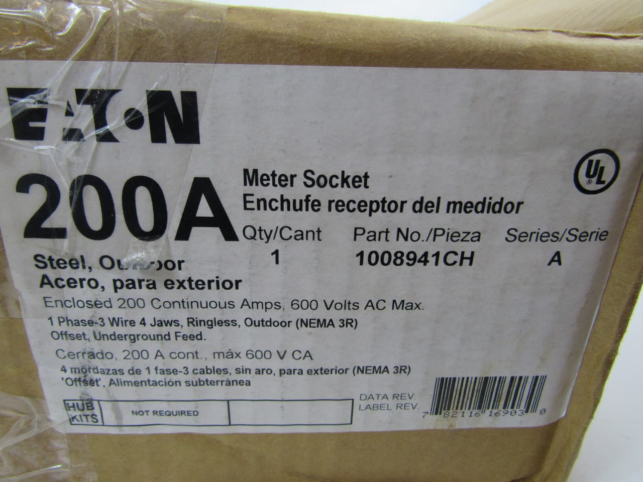 Eaton 1008941CH 1008941CH Eaton - Eaton meter socket, Resi type cover, 200A, Under, Solid top, #6-350 kcmil, 4-jaw, 1-ph, #8-350 kcmil, Horn bypass, Gnd conn (#14-#2 Cu), Triplex, 3-wire, Ringless, 600 Vac Eaton 1008941CH 1008941CH Eaton - Eaton meter socket, Resi type cover, 200A, Under, Solid top, #6-350 kcmil, 4-jaw, 1-ph, #8-350 kcmil, Horn bypass, Gnd conn (#14-#2 Cu), Triplex, 3-wire, Ringless, 600 Vac
