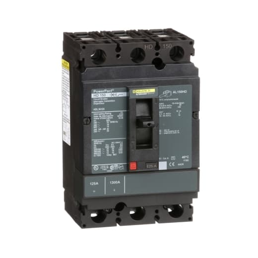 Schneider Electric HDL36125 Square D by Schneider Electric HDL36125 is a Moulded Case Circuit Breaker (MCCB) from the PowerPacT HDL sub-range, designed with a PowerPact H-Frame 150 TMD 3P 125A 600Vac/250Vdc 14kA with lugs on both load and line sides for connection. This 3-pole circuit breaker offers thermal protection for overload scenarios and magnetic protection for short-circuit conditions. It has a rated current of 125A, with a rated insulation voltage of 750 V, and operates at a rated voltage of 600Vac 600Y/347Vac for AC circuits and 250Vdc for DC circuits. The unit is designed for individual mounting on a plate, with dimensions of 163 mm in height, 104 mm in width, and 86 mm in depth. It features an IP40 degree of protection and a manual toggle operating mode. The protection settings include over-current fixed at 125A, short-circuit hold current fixed at 900A, and short-circuit trip current fixed at 1700A. The rated operating voltage is 690 V, with a rated impulse voltage of 8 kV. The trip current rating is 125 AT, with a frame current rating of 150 AF. Its short circuit breaking rating varies with voltage, including 25kA at 240Vac, 18kA at 480Vac and 480Y/277Vac, 14kA at 600Vac and 600Y/347Vac for UL489 standards, and 20kA at 250Vdc. The trip unit type is thermal-magnetic (fixed) without a display, and it falls under utilisation category A. Schneider Electric HDL36125 Square D by Schneider Electric HDL36125 is a Moulded Case Circuit Breaker (MCCB) from the PowerPacT HDL sub-range, designed with a PowerPact H-Frame 150 TMD 3P 125A 600Vac/250Vdc 14kA with lugs on both load and line sides for connection. This 3-pole circuit breaker offers thermal protection for overload scenarios and magnetic protection for short-circuit conditions. It has a rated current of 125A, with a rated insulation voltage of 750 V, and operates at a rated voltage of 600Vac 600Y/347Vac for AC circuits and 250Vdc for DC circuits. The unit is designed for individual mounting on a plate, with dimensions of 163 mm in height, 104 mm in width, and 86 mm in depth. It features an IP40 degree of protection and a manual toggle operating mode. The protection settings include over-current fixed at 125A, short-circuit hold current fixed at 900A, and short-circuit trip current fixed at 1700A. The rated operating voltage is 690 V, with a rated impulse voltage of 8 kV. The trip current rating is 125 AT, with a frame current rating of 150 AF. Its short circuit breaking rating varies with voltage, including 25kA at 240Vac, 18kA at 480Vac and 480Y/277Vac, 14kA at 600Vac and 600Y/347Vac for UL489 standards, and 20kA at 250Vdc. The trip unit type is thermal-magnetic (fixed) without a display, and it falls under utilisation category A.
