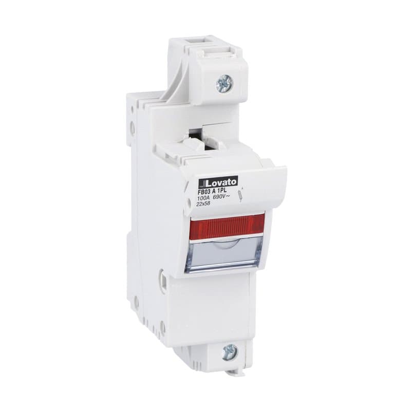 Lovato Electric FB03A1PL FB03A1PL Lovato - Fuse holder UL recognized and CSA certified, for 22X58mm fuses. 100A/125A rated current at 690VAC, 1P. With status indicator. 1 module Lovato Electric FB03A1PL FB03A1PL Lovato - Fuse holder UL recognized and CSA certified, for 22X58mm fuses. 100A/125A rated current at 690VAC, 1P. With status indicator. 1 module