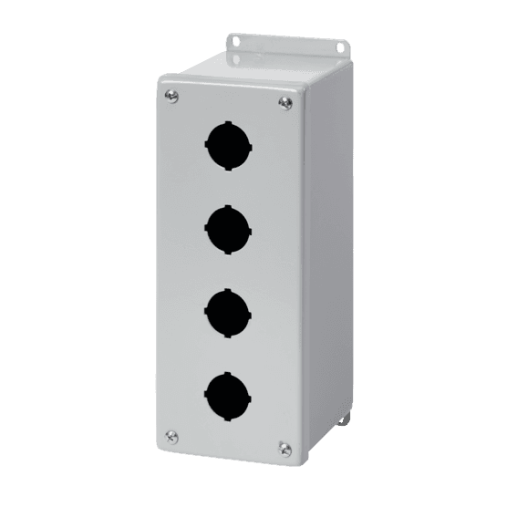 Hoffman E3PBXM4 Extra-Deep Pushbutton Enclosures, Type 4, 3PBx22.5mm, 8x4x4.75in, Gray, Steel Hoffman E3PBXM4 Extra-Deep Pushbutton Enclosures, Type 4, 3PBx22.5mm, 8x4x4.75in, Gray, Steel