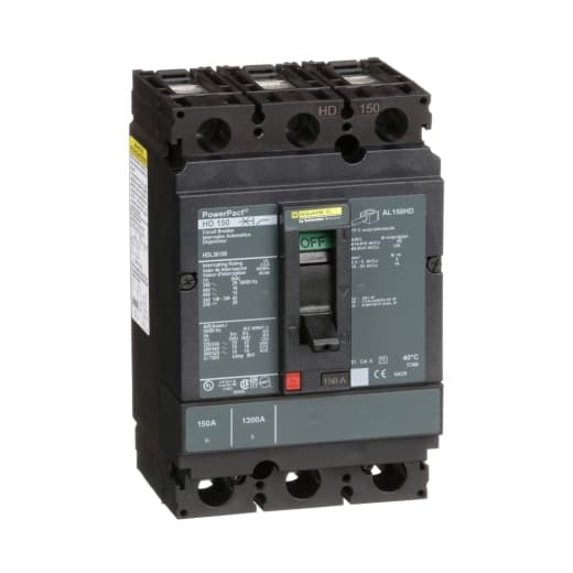 Schneider Electric HDL36150 Square D by Schneider Electric HDL36150 is a Moulded Case Circuit Breaker (MCCB) within the PowerPacT HDL sub-range, designed with a PowerPact H-Frame 150 TMD 3P 150A 600Vac/250Vdc 14kA with lugs at 80% rated on both load and line sides. It features three poles (3P) and offers thermal protection for overload and magnetic protection for short-circuit scenarios. The rated current is 150A, with a rated insulation voltage (Ui) of 750 V, and it operates at a rated voltage (AC) of 600Vac 600Y/347Vac. This unit is designed for individual unit mount on plate, with a net height of 163 mm, a net width of 104 mm, and a net depth of 86 mm. It provides an IP40 degree of protection and operates manually via a toggle. Protection settings include over-current fixed at 150A, short-circuit hold current fixed at 900A, and short-circuit trip current fixed at 1700A. The rated operating voltage (Ue) is 690 V, with a rated impulse voltage (Uimp) of 8 kV. The trip current rating is 150 AT, and the frame current rating is 150 AF. It has a short circuit breaking rating of 25kA (240Vac; UL489), 18kA (480Vac; UL489), 18kA (480Y/277Vac; UL489), 14kA (600Vac; UL489), 14kA (600Y/347Vac; UL489), and 20kA (250Vdc; UL489). The trip unit type is thermal-magnetic (fixed) with no display, and it falls under utilisation category A. Schneider Electric HDL36150 Square D by Schneider Electric HDL36150 is a Moulded Case Circuit Breaker (MCCB) within the PowerPacT HDL sub-range, designed with a PowerPact H-Frame 150 TMD 3P 150A 600Vac/250Vdc 14kA with lugs at 80% rated on both load and line sides. It features three poles (3P) and offers thermal protection for overload and magnetic protection for short-circuit scenarios. The rated current is 150A, with a rated insulation voltage (Ui) of 750 V, and it operates at a rated voltage (AC) of 600Vac 600Y/347Vac. This unit is designed for individual unit mount on plate, with a net height of 163 mm, a net width of 104 mm, and a net depth of 86 mm. It provides an IP40 degree of protection and operates manually via a toggle. Protection settings include over-current fixed at 150A, short-circuit hold current fixed at 900A, and short-circuit trip current fixed at 1700A. The rated operating voltage (Ue) is 690 V, with a rated impulse voltage (Uimp) of 8 kV. The trip current rating is 150 AT, and the frame current rating is 150 AF. It has a short circuit breaking rating of 25kA (240Vac; UL489), 18kA (480Vac; UL489), 18kA (480Y/277Vac; UL489), 14kA (600Vac; UL489), 14kA (600Y/347Vac; UL489), and 20kA (250Vdc; UL489). The trip unit type is thermal-magnetic (fixed) with no display, and it falls under utilisation category A.