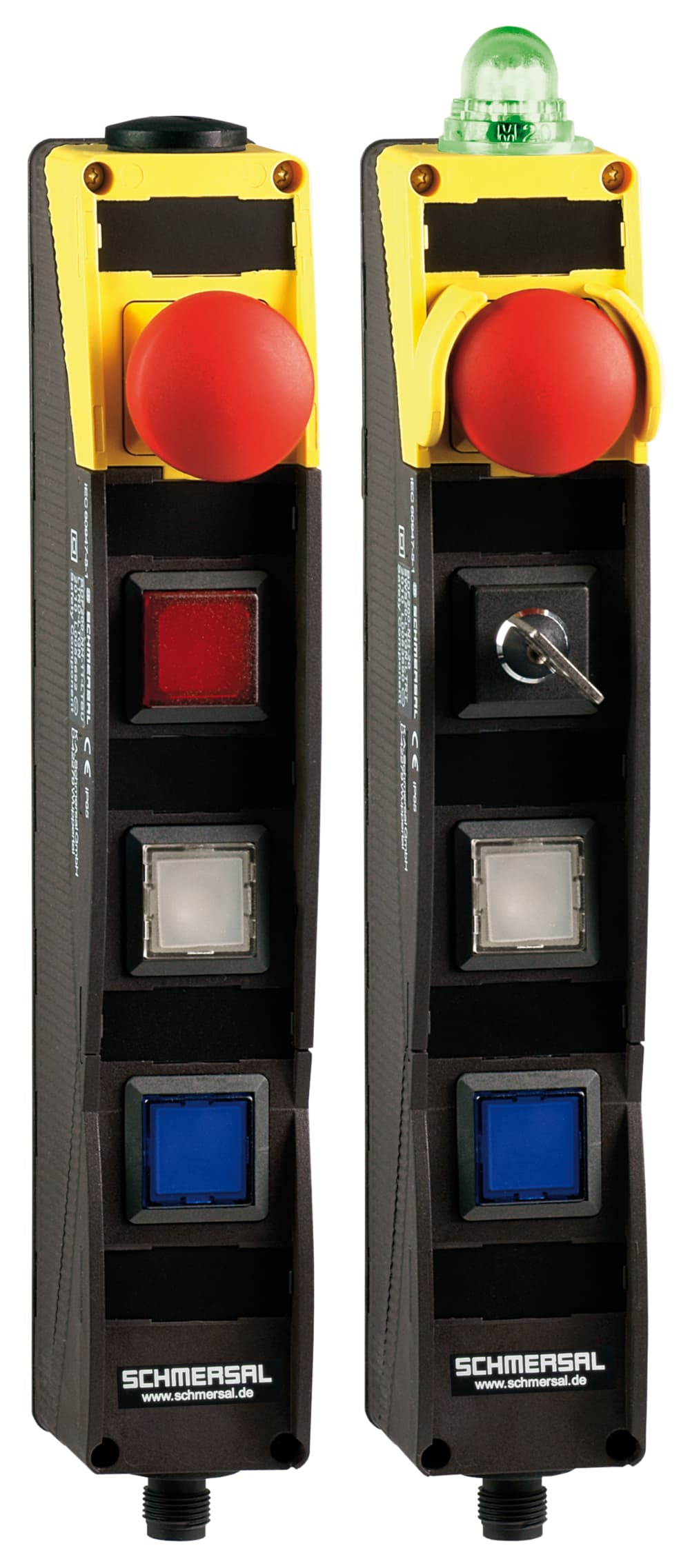 Schmersal BDF200-FB-NH-LT-LT-B-2875 Control panels; integrated FB interface for connection to the Safety-Field-Box SFB; Pos 1: E-STOP; Pos 2: illuminated pushbutton 2875 with changeable colors; Pos 3: illuminated pushbutton 2875 with changeable colors; Pos 4: Blanking plug; slender shock-pr Schmersal BDF200-FB-NH-LT-LT-B-2875 Control panels; integrated FB interface for connection to the Safety-Field-Box SFB; Pos 1: E-STOP; Pos 2: illuminated pushbutton 2875 with changeable colors; Pos 3: illuminated pushbutton 2875 with changeable colors; Pos 4: Blanking plug; slender shock-pr