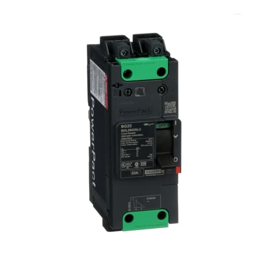 Schneider Electric BGL26025LU Square D by Schneider Electric BGL26025LU is a Moulded Case Circuit Breaker (MCCB) within the PowerPacT BGL sub-range, featuring a PowerPact B-Frame 100 TMD 2P 25A design for 600Y/347Vac with an 18kA interrupting capacity and lugs with control wire on the end rated at 80%. It has an Everlink (Creep compensating) connection type for both line and load sides, plus a Control Wire terminal (CWT) on the line side only. This MCCB offers a degree of protection of IP40 and is rated for a current of 25A and a voltage of 600Vac 600Y/347Vac. It is designed for mechanical durability up to 20,000 operations without load and can be mounted either on a DIN rail or as an individual unit on a plate. The BGL26025LU has 2 poles (2P), dimensions of 137 mm in height, 80 mm in depth, and 54 mm in width, and falls under utilisation category A. Its protection settings include over-current fixed at 25A, short-circuit hold current fixed at 400A, and short-circuit trip current fixed at 600A. The rated voltage for DC applications is 250Vdc, with a rated insulation voltage (Ui) of 800 V and a rated operating voltage (Ue) of 525 V. It provides thermal protection for overload and magnetic protection for short-circuits, with a trip current rating of 25 AT and an electrical durability of 10,000 operations with load at 440Vac. The frame current rating is 100 AF, and it operates via a toggle (manual) mechanism. The short circuit breaking rating varies by voltage, with 65kA at 240Vac, 35kA at 480Vac and 480Y/277Vac, and 18kA at 600Y/347Vac according to UL489 standards. The trip unit type is thermal-magnetic (fixed) without a display. Schneider Electric BGL26025LU Square D by Schneider Electric BGL26025LU is a Moulded Case Circuit Breaker (MCCB) within the PowerPacT BGL sub-range, featuring a PowerPact B-Frame 100 TMD 2P 25A design for 600Y/347Vac with an 18kA interrupting capacity and lugs with control wire on the end rated at 80%. It has an Everlink (Creep compensating) connection type for both line and load sides, plus a Control Wire terminal (CWT) on the line side only. This MCCB offers a degree of protection of IP40 and is rated for a current of 25A and a voltage of 600Vac 600Y/347Vac. It is designed for mechanical durability up to 20,000 operations without load and can be mounted either on a DIN rail or as an individual unit on a plate. The BGL26025LU has 2 poles (2P), dimensions of 137 mm in height, 80 mm in depth, and 54 mm in width, and falls under utilisation category A. Its protection settings include over-current fixed at 25A, short-circuit hold current fixed at 400A, and short-circuit trip current fixed at 600A. The rated voltage for DC applications is 250Vdc, with a rated insulation voltage (Ui) of 800 V and a rated operating voltage (Ue) of 525 V. It provides thermal protection for overload and magnetic protection for short-circuits, with a trip current rating of 25 AT and an electrical durability of 10,000 operations with load at 440Vac. The frame current rating is 100 AF, and it operates via a toggle (manual) mechanism. The short circuit breaking rating varies by voltage, with 65kA at 240Vac, 35kA at 480Vac and 480Y/277Vac, and 18kA at 600Y/347Vac according to UL489 standards. The trip unit type is thermal-magnetic (fixed) without a display.