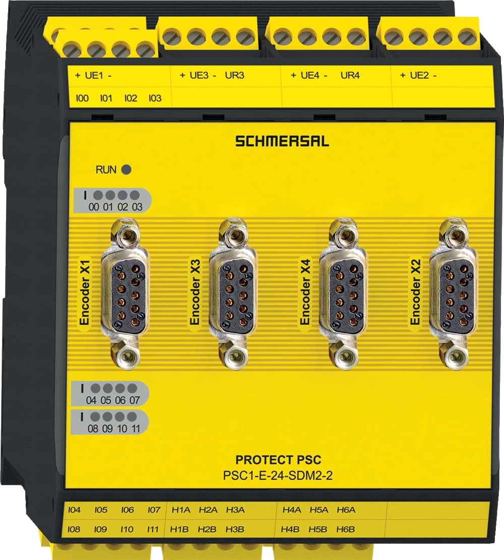 Schmersal PSC1-E-24-SDM2-2 PSC1-E-24-SDM2-2 Schmersal - Safety controllers; PROTECT PSC1; Expansion module for the product series PSC1-C-100; Safe drive monitoring according to EN 61800-5-2 (SDM – Safe Drive Monitoring) for up to 2 axes; supports encoder: TTL, sin/cos, SSI, HTL, Resolver; 12 digital fail-safe Schmersal PSC1-E-24-SDM2-2 PSC1-E-24-SDM2-2 Schmersal - Safety controllers; PROTECT PSC1; Expansion module for the product series PSC1-C-100; Safe drive monitoring according to EN 61800-5-2 (SDM – Safe Drive Monitoring) for up to 2 axes; supports encoder: TTL, sin/cos, SSI, HTL, Resolver; 12 digital fail-safe