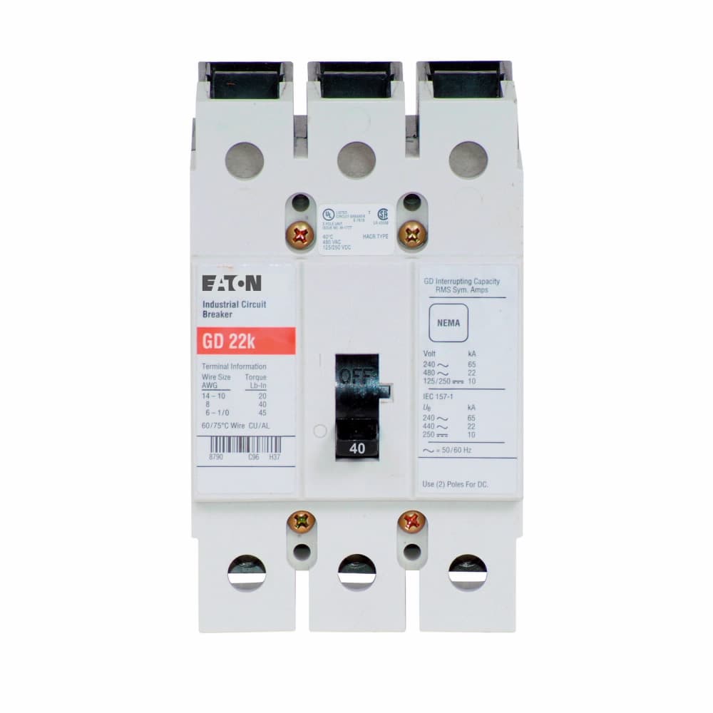 Eaton GD3040S1 Eaton Series C complete molded case circuit breaker, G-frame, GD, Fixed thermal, fixed magnetic trip, Three-pole, 40A, 480 Vac, 125/250 Vdc, 65 kAIC at 240 Vac, 14 kAIC at 480 Vac, 120 Vac rear with left pigtail, 50/60 Hz Eaton GD3040S1 Eaton Series C complete molded case circuit breaker, G-frame, GD, Fixed thermal, fixed magnetic trip, Three-pole, 40A, 480 Vac, 125/250 Vdc, 65 kAIC at 240 Vac, 14 kAIC at 480 Vac, 120 Vac rear with left pigtail, 50/60 Hz